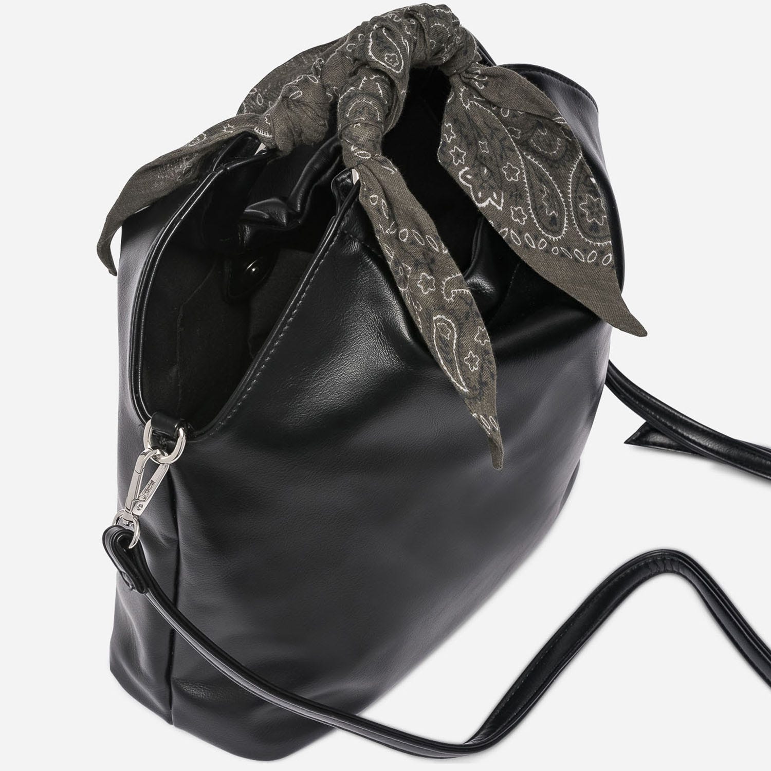 Sac à main TEXTO noir à anses rondes avec foulards kaki