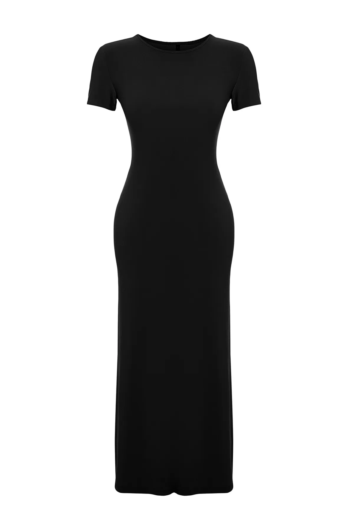 Trendyol Collection  Schwarzes kurzärmliges, figurbetontes/tailliertes Rundhals-Maxi-Bleistiftkleid aus flexiblem Strick TWOSS24EL00097