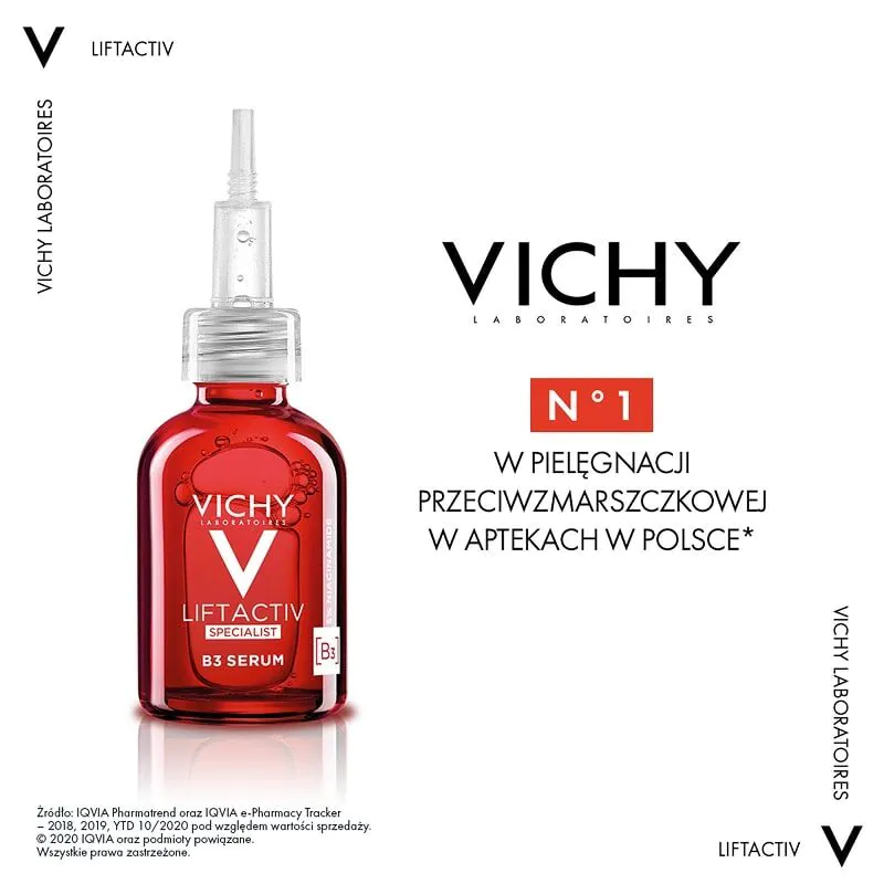 „Vichy Liftactiv Specialist B3“ serumas odos dėmėms ir raukšlėms mažinti su 5 % niacinamido.
