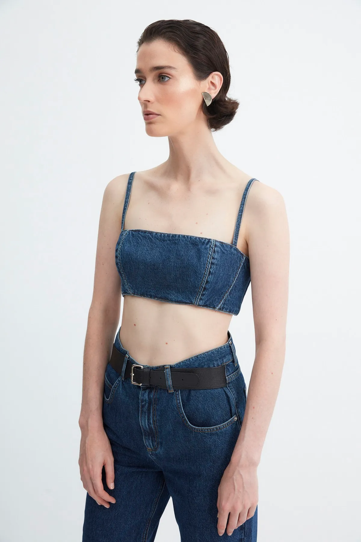 Trendyol Collection  X Zeynep Tosun Blaues Jeans-Bustier mit Ziernähten TPRAW23BS00061