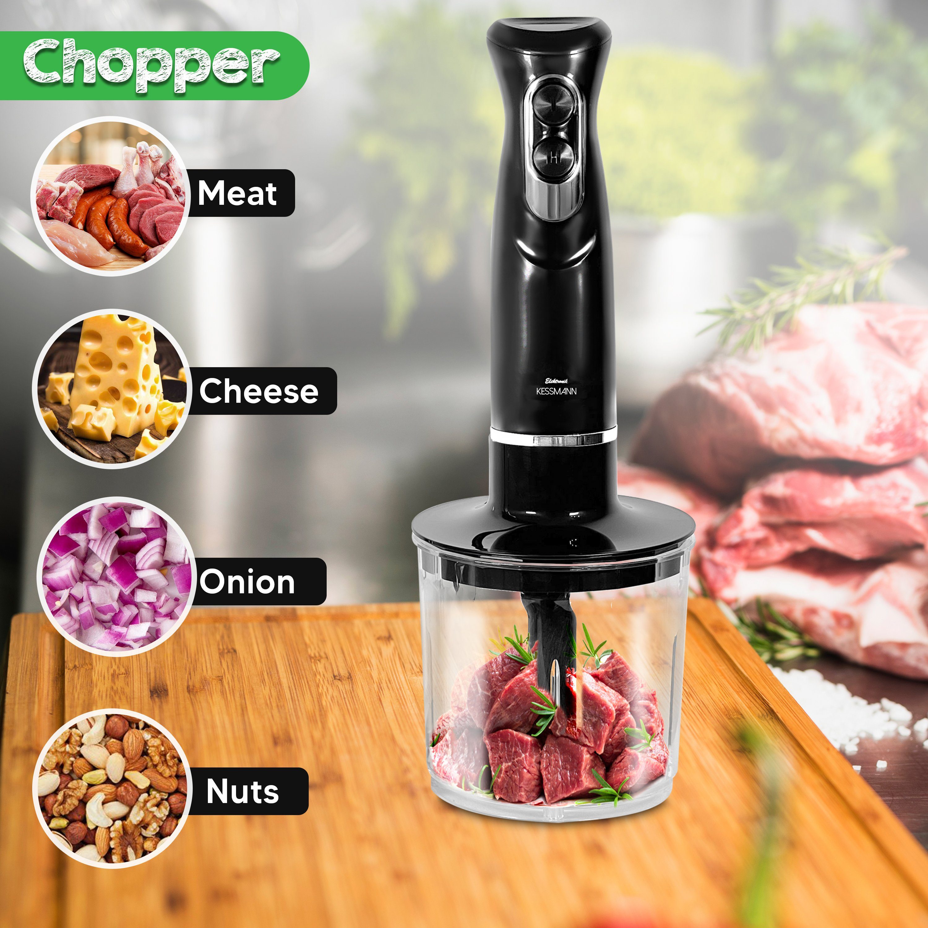 KESSMANN Schäfer Stabmixer Set mit Pürierbecher Zerkleinerer & Schneebeesen 5Tlg Edelstahl Mixer, 600,00 W, Elektrischer Smoothie Maker Handmixer Rührstab Milchshake Blender
