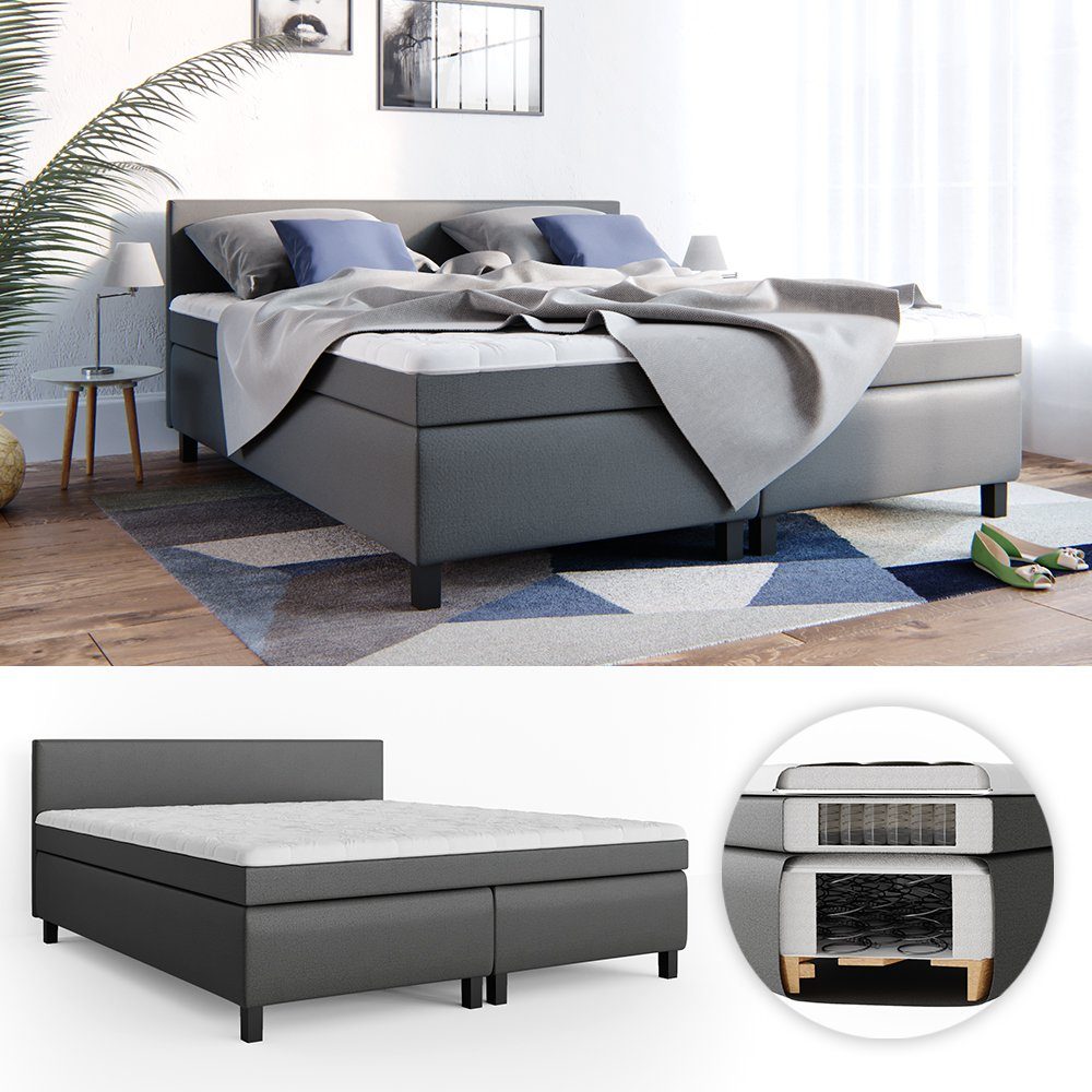 VitaliSpa® Boxspringbett Doppelbett Ehebett 180x200cm Philly Topper Schwarz