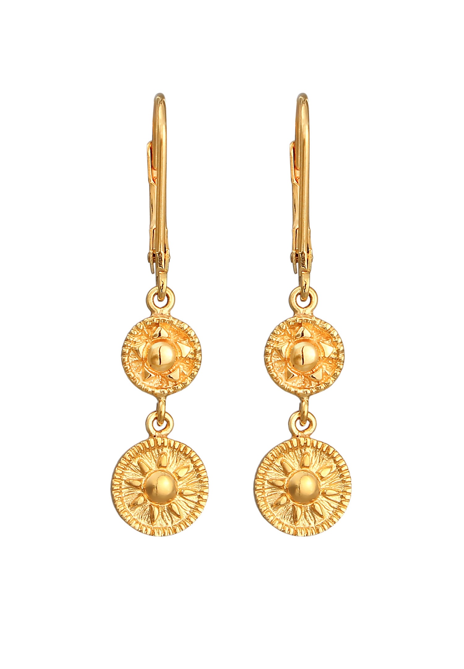 Orecchini pendenti da donna Elli con moneta a forma di sole antico in argento sterling 925 placcato oro