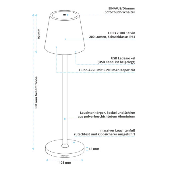 LED-Akku-Tischlampe Dinner Light classic, schwarz