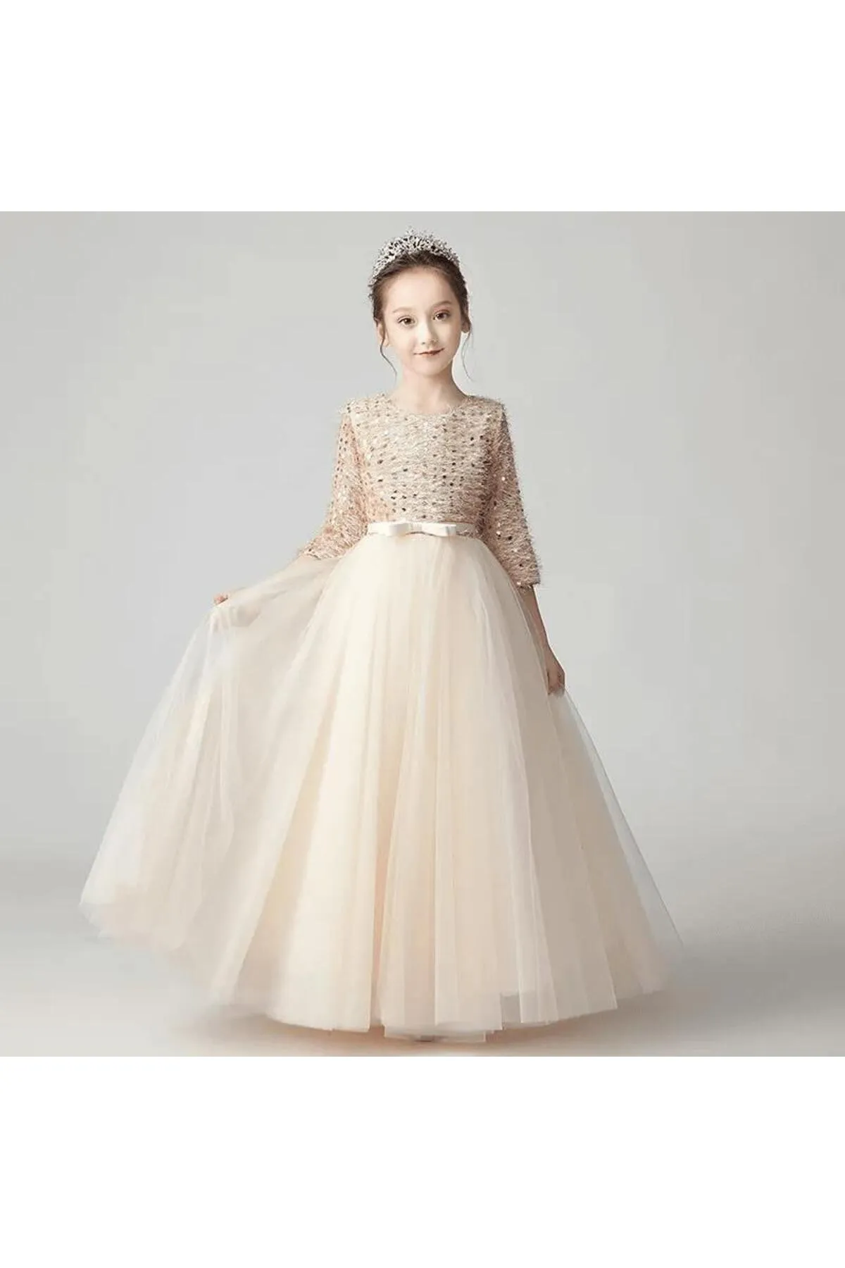 Mashotrend  Bled Abendkleid für Mädchen mit Pailletten und Fransen – Tarlatan Kinder-Abendkleid Langarm-Abendkleid für Mädchen