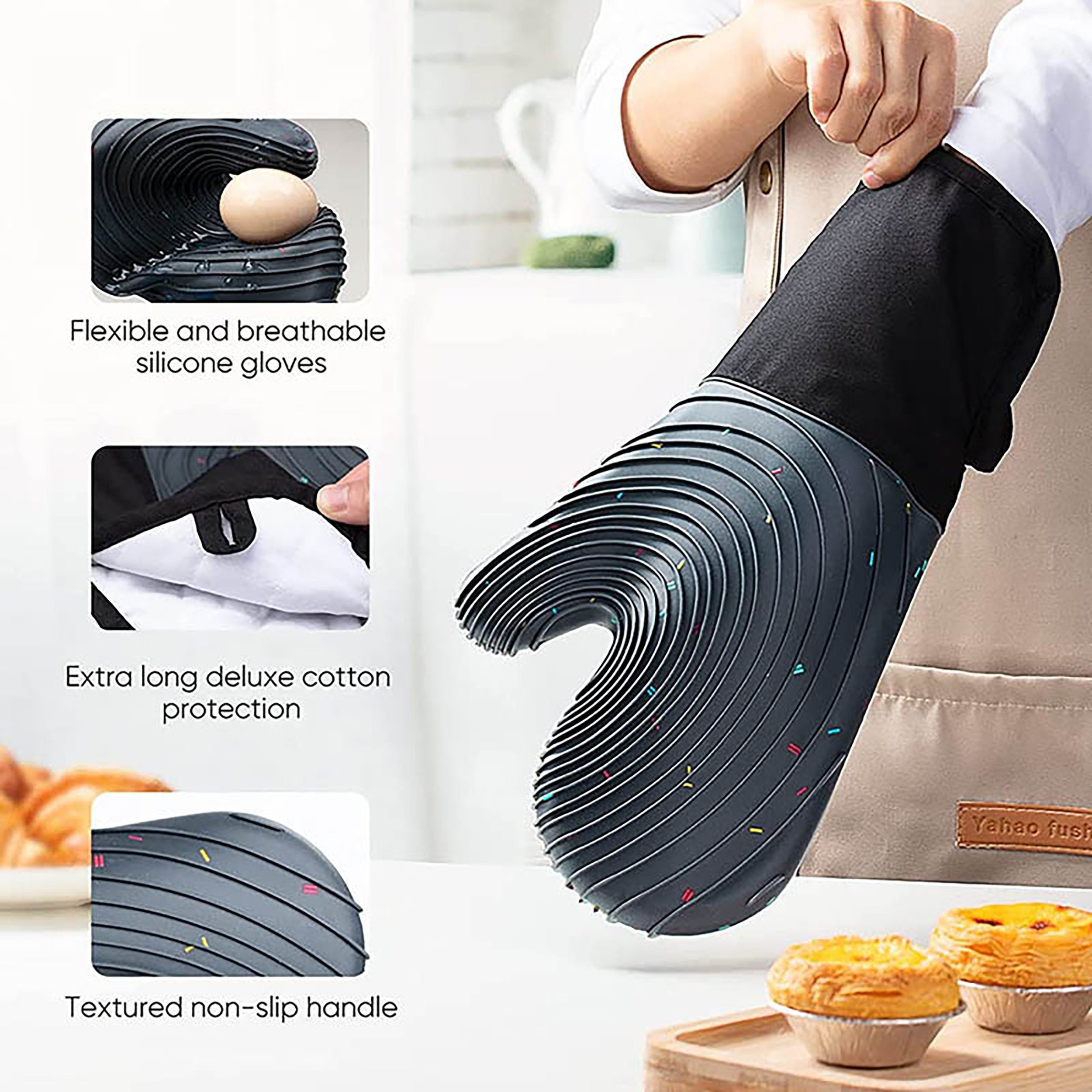 HYIEAR Topflappen Ofenhandschuhe, hitzebeständig, mit 2 Topflappen (4-teilig), Hitzebeständig, hygienisch und rutschfest