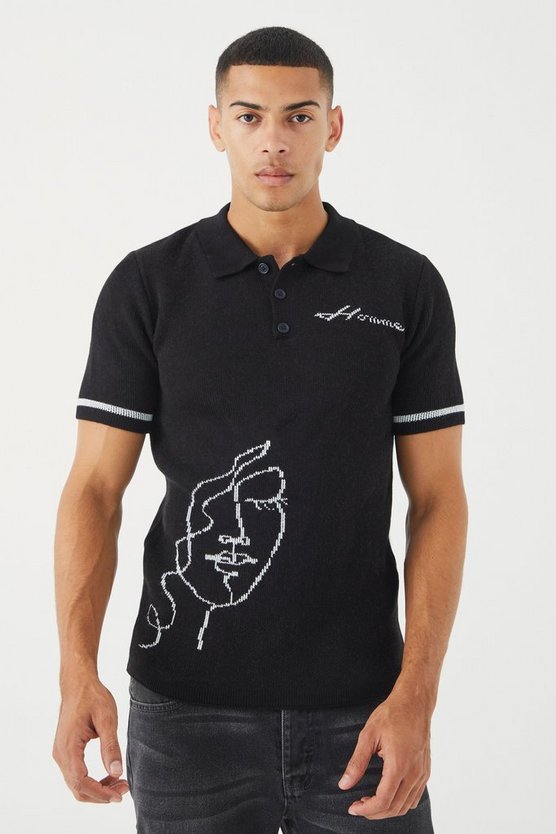 Muscle-Fit Strick-Poloshirt mit Print