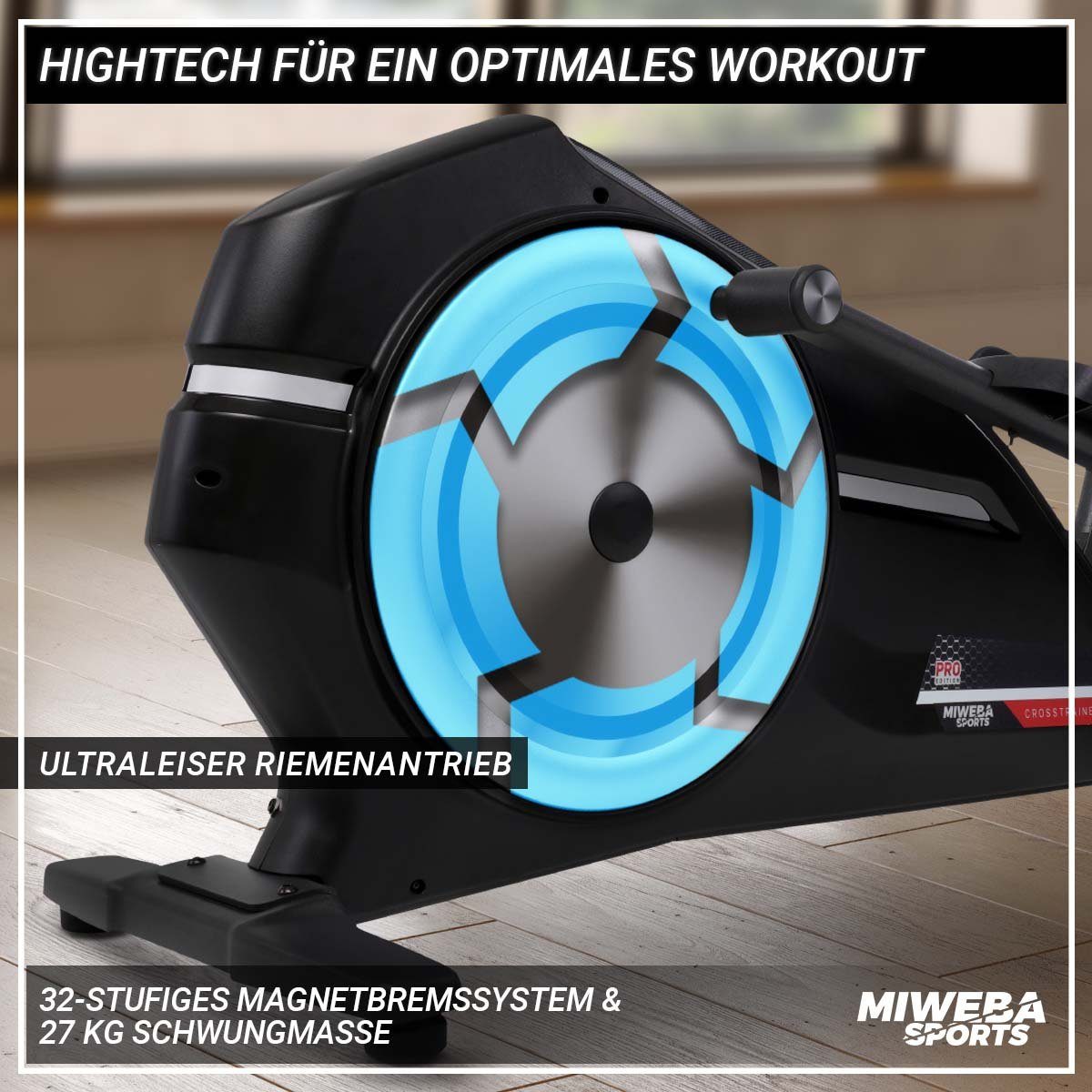 Miweba Sports Ellipsentrainer Profi Crosstrainer MC400 - 27 kg Schwungmasse & Magnetbremse (32 Intensitätsstufen, 10 Trainings Programme, Sportgeräte Fitnessgeräte für zu hause, verstellbar, 1-tlg., Zwift App & Streaming-Funktion, 150 kg max. Benutze