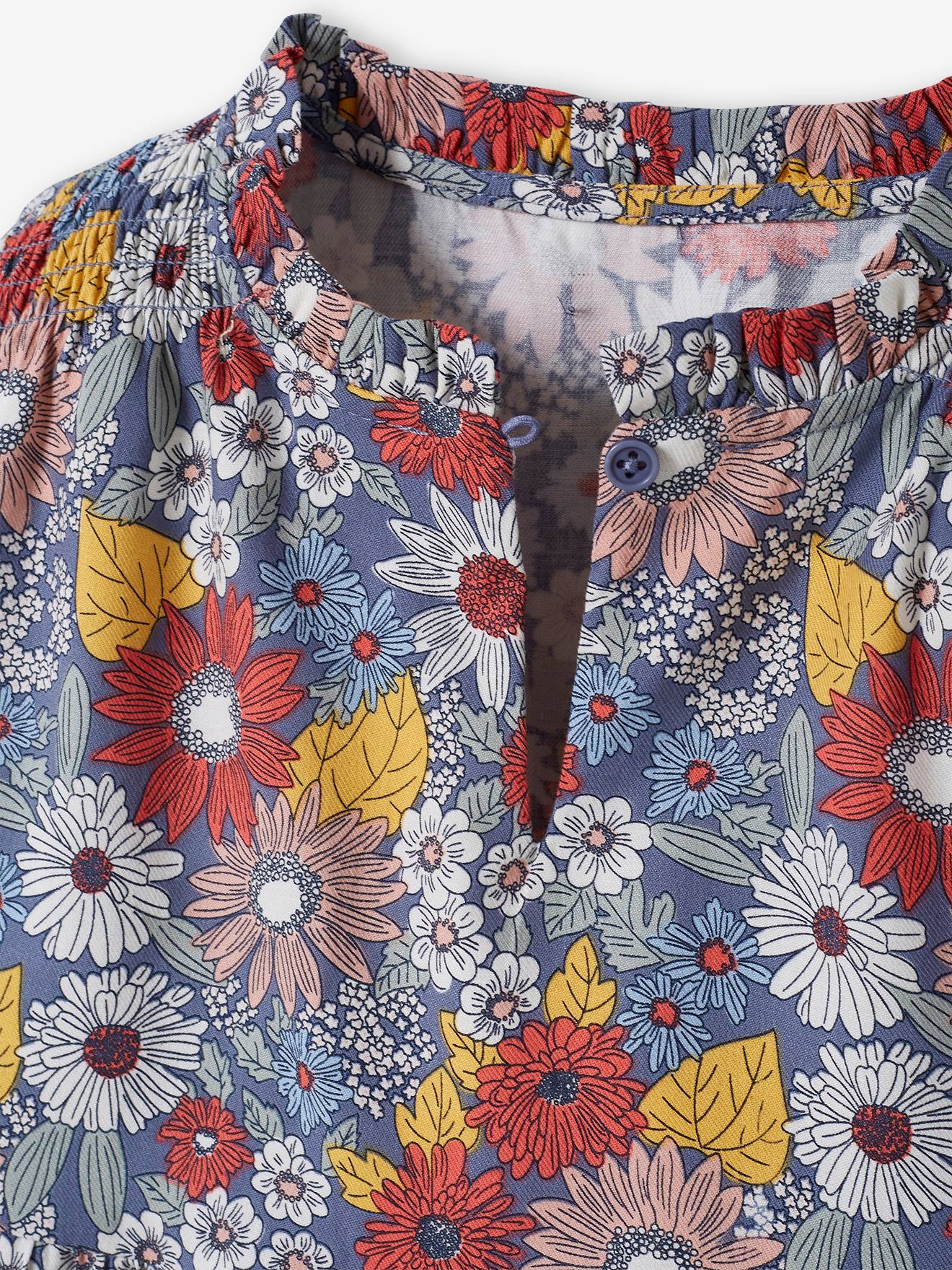 Robe à fleurs smokée épaules fille bleu jean imprimé