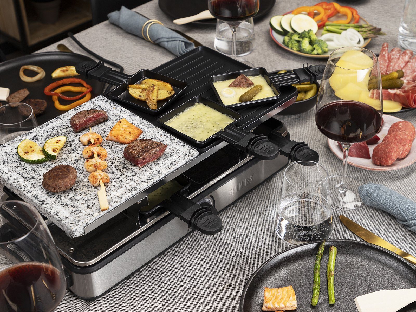 PRINCESS Raclette, 5in1 Gerät für 2-8 Personen Tischgrill Grill- & Steinplatte Steingrill