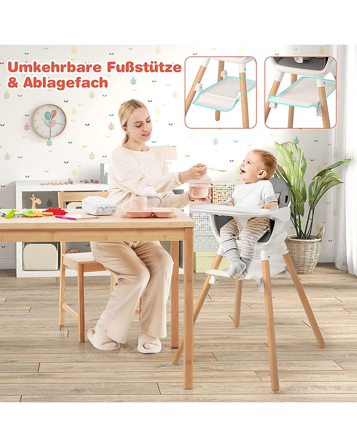 6 in 1 Hochstuhl mit Sitzkissen mit Tablett abnehmbar