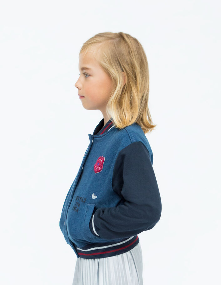 Teddy en jean marine bi matière avec broderies fille