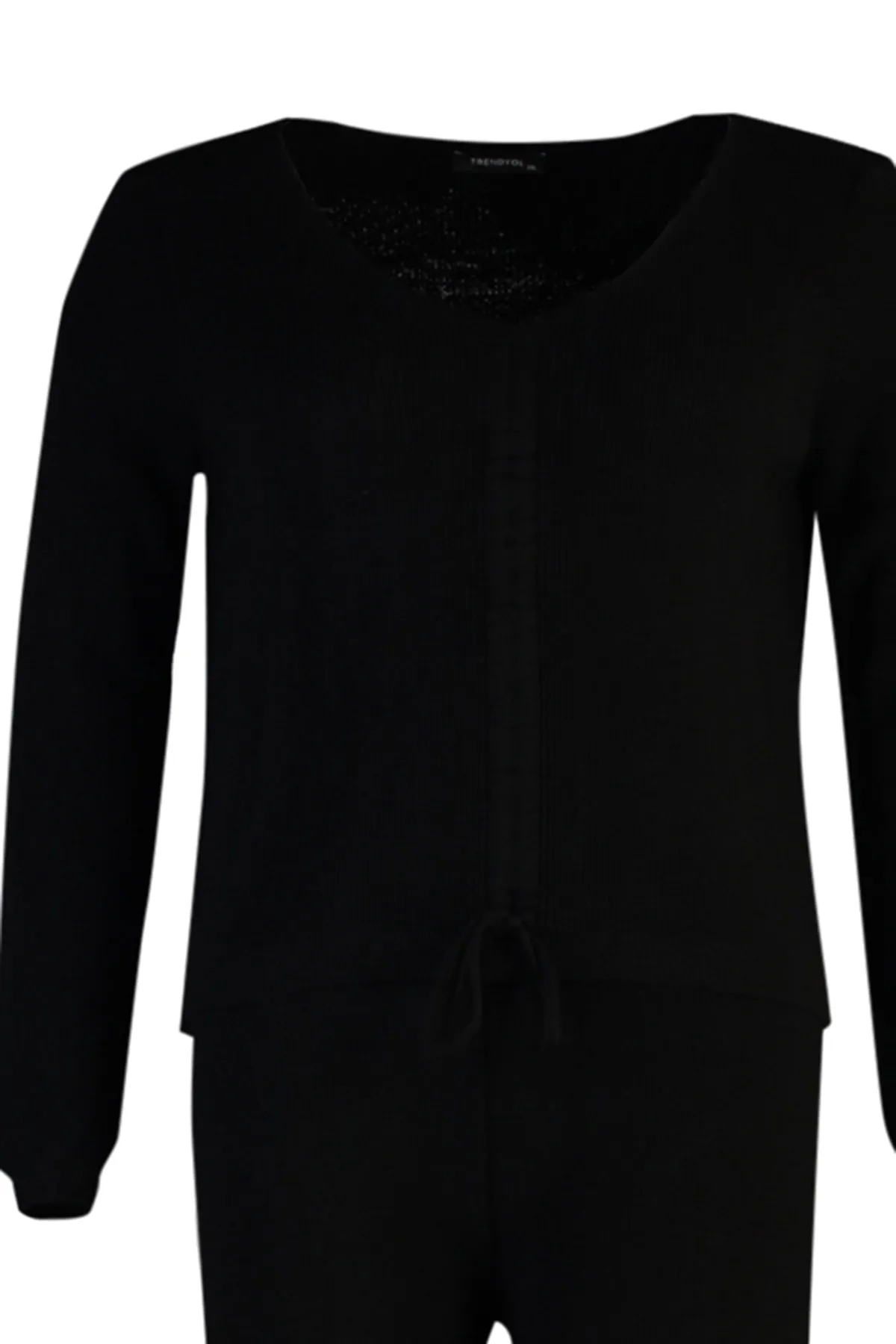 Trendyol Curve  Schwarzes Strickblusen- und Hosenset mit V-Ausschnitt, Krawattendetails TBBAW23CP00037