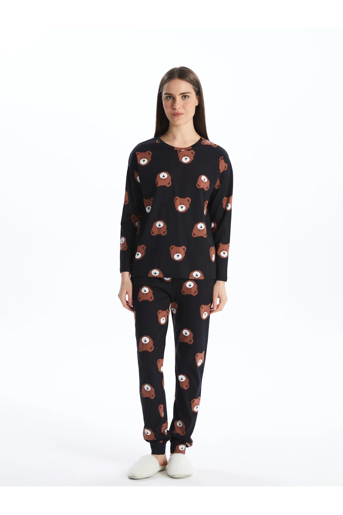 LC Waikiki  Bedrucktes Langarm-Damenpyjama-Set mit Rundhalsausschnitt