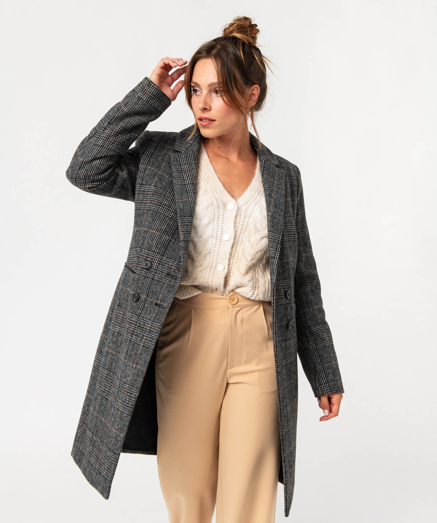 Manteau long droit à double boutonnage femme carreaux | GEMO