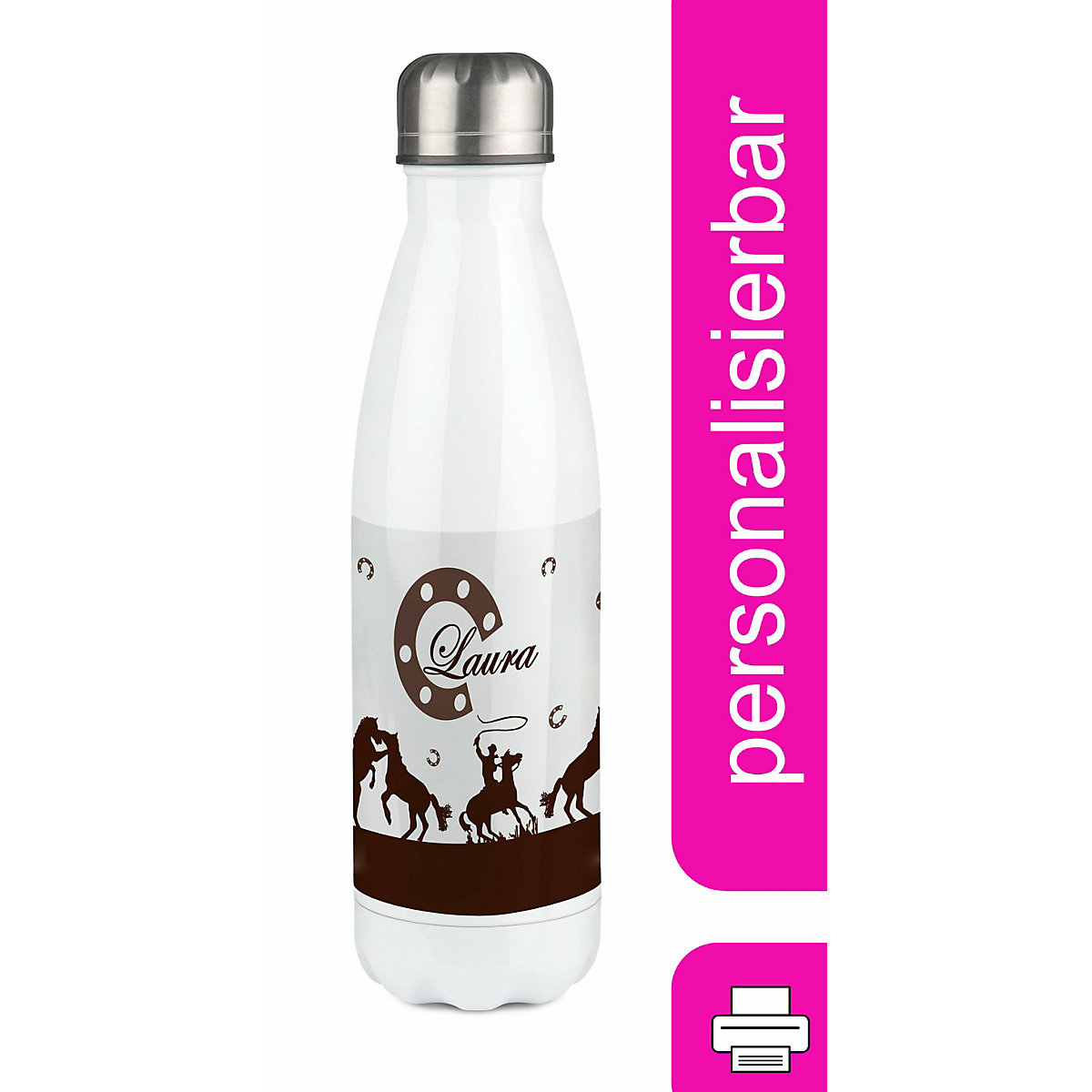 Edelstahl Kinder Thermoflasche / Trinkflasche bunt Cowboy Pferde Farbe braun Spülmaschinenfest, Auslaufsicher, Bruchfest, Doppelwandig, Für Heißgetränke geeignet, Mit Deckel, Isoliert
