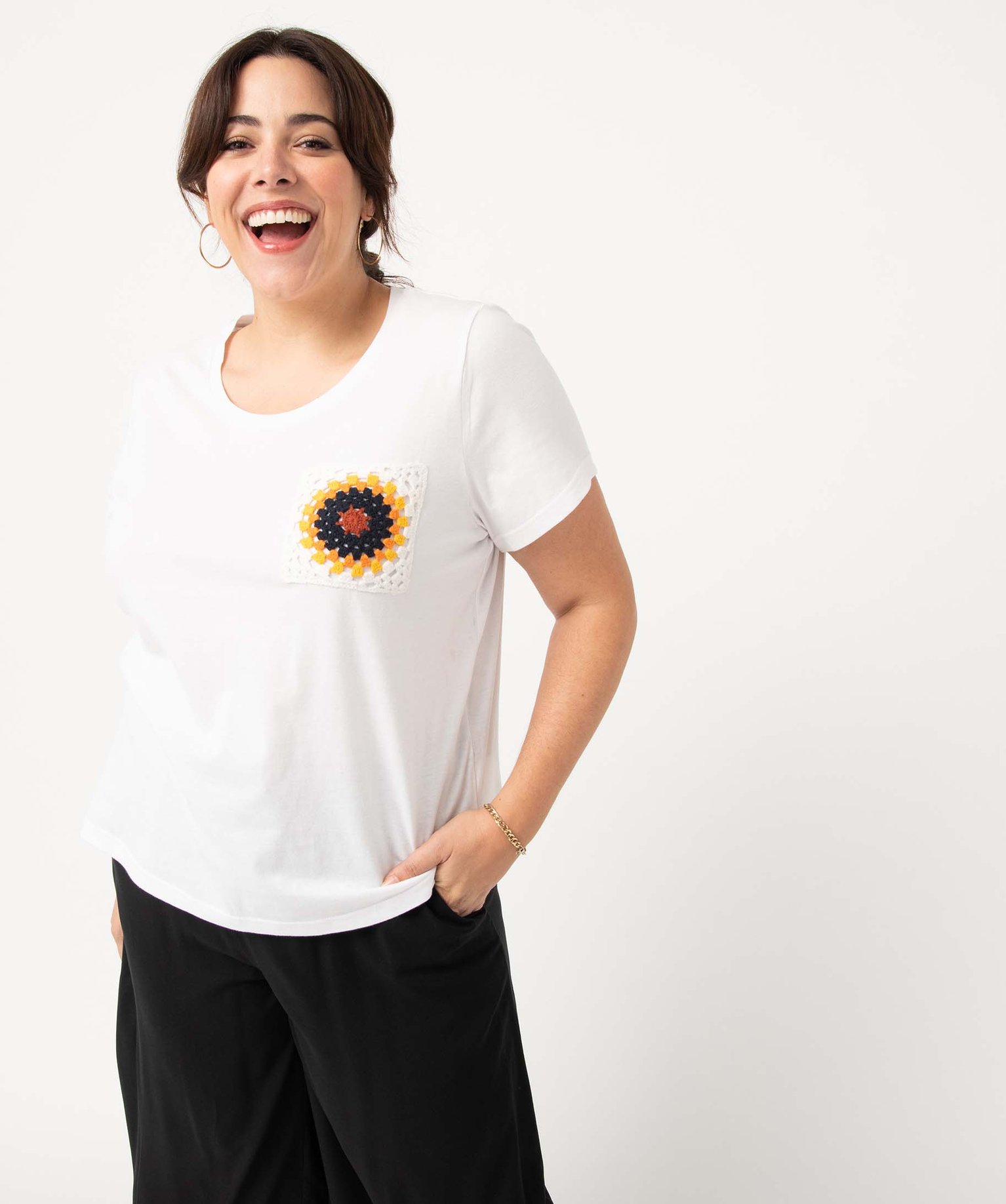 Tee-shirt femme grande taille à manches courtes et poche fa... blanc | GEMO