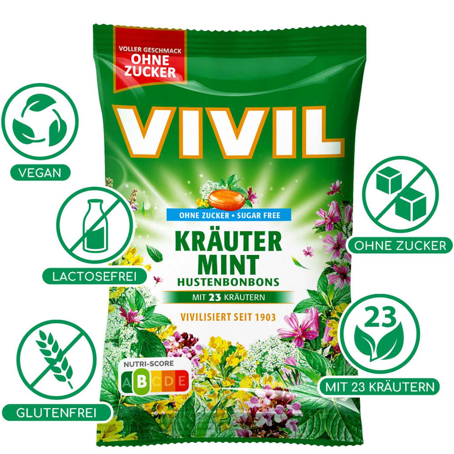 Vivil Hustenbonbons Kräuter-Mint ohne Zucker 120g