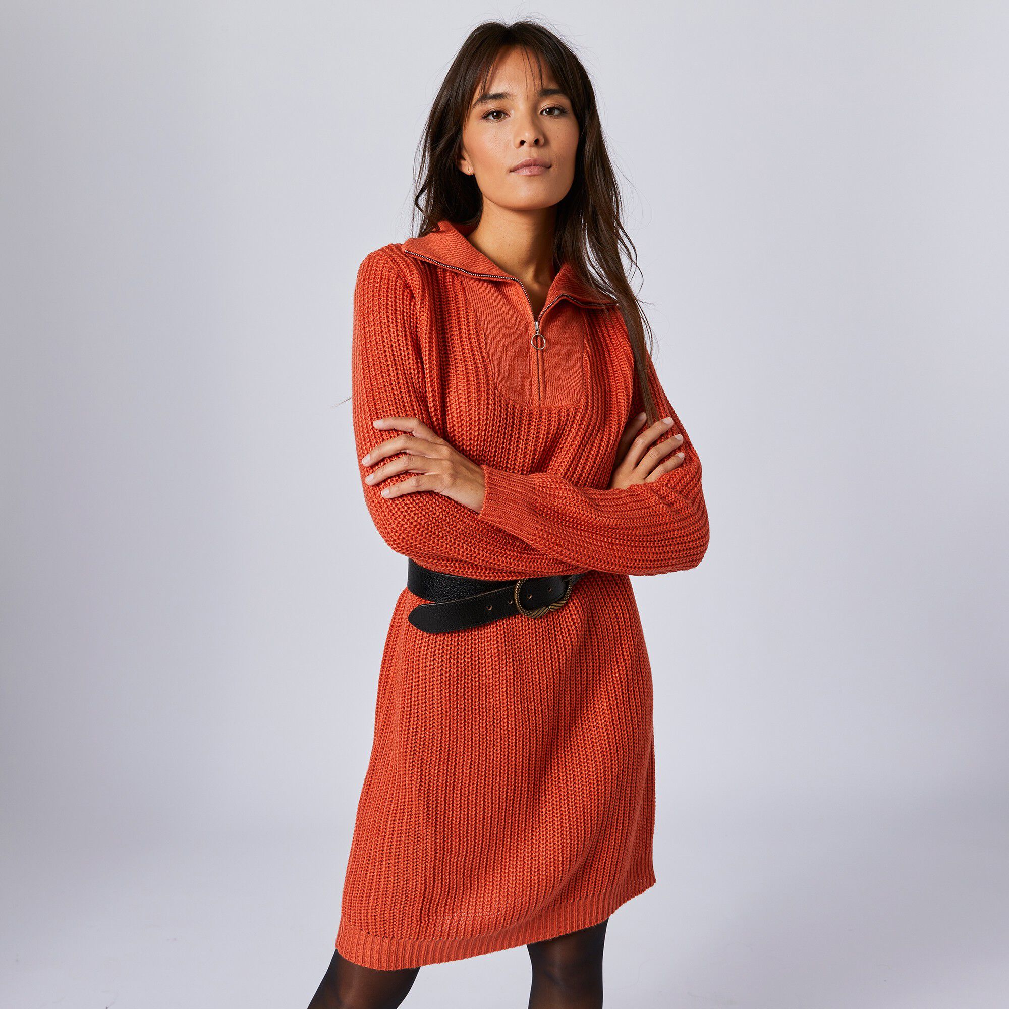 Robe pull col zippé, maille anglaise