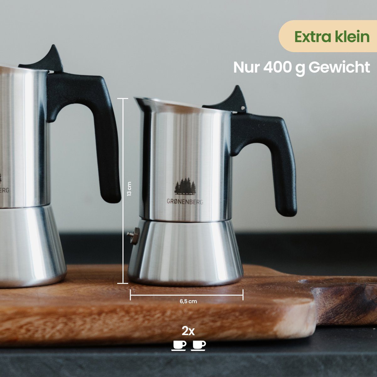 GRØNENBERG Espressokocher Edelstahl Espressokanne 1-2 Tassen, 0.1l Kaffeekanne, Inkl. Ersatz-Dichtung, Unbeschichtet & frei von Aluminium