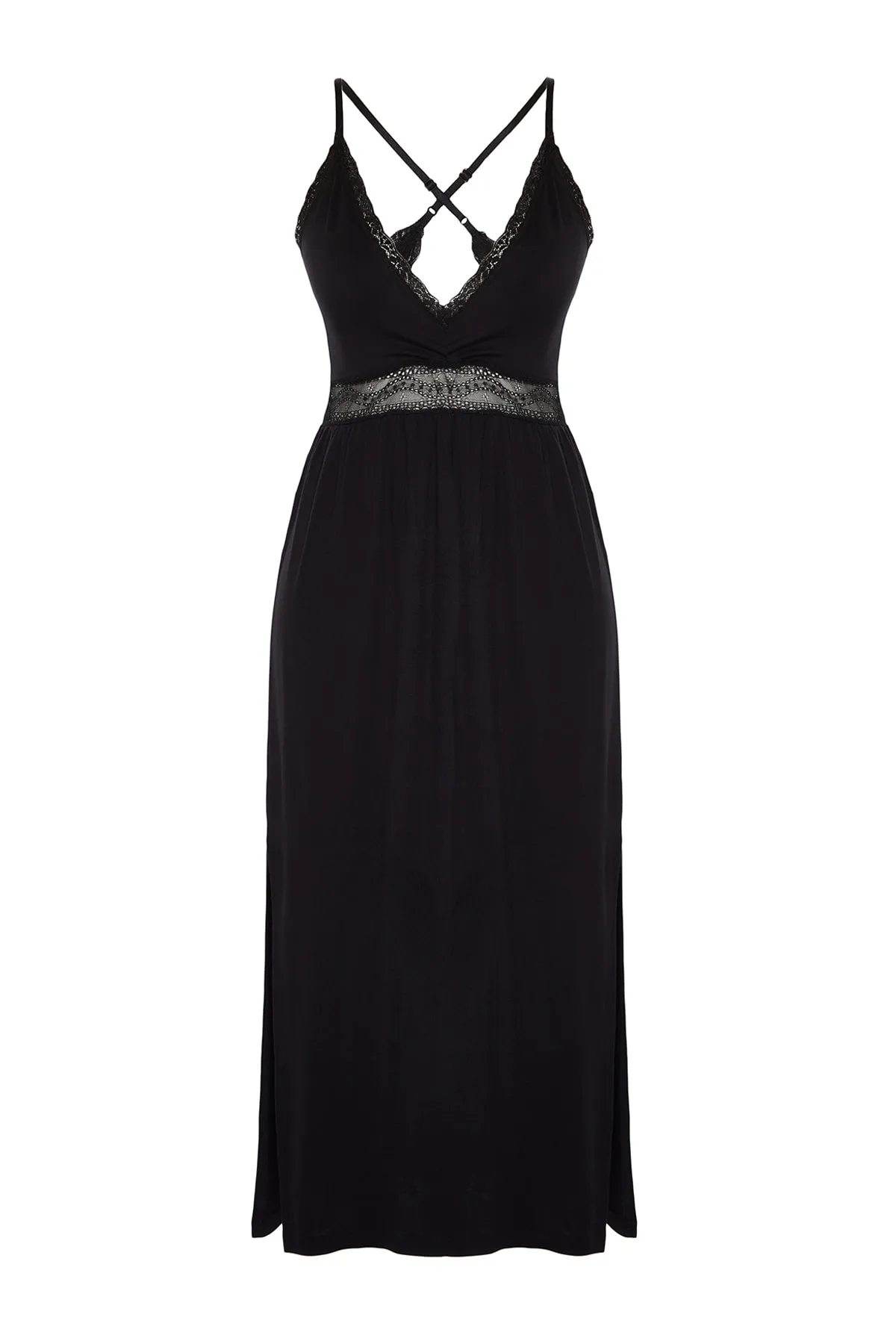 Trendyol Collection  Schwarzes Stricknachthemd mit Spitze und Schlitz am Rücken THMAW20GC0001