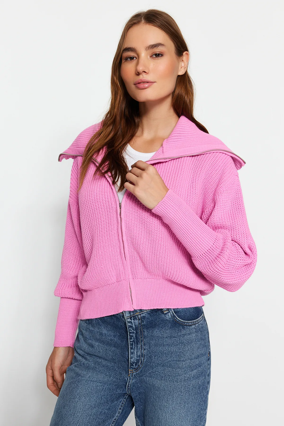 Trendyol Collection  Degaje Kragen Rosa Strick-Cardigan - Reißverschluss TWOAW24HI00072