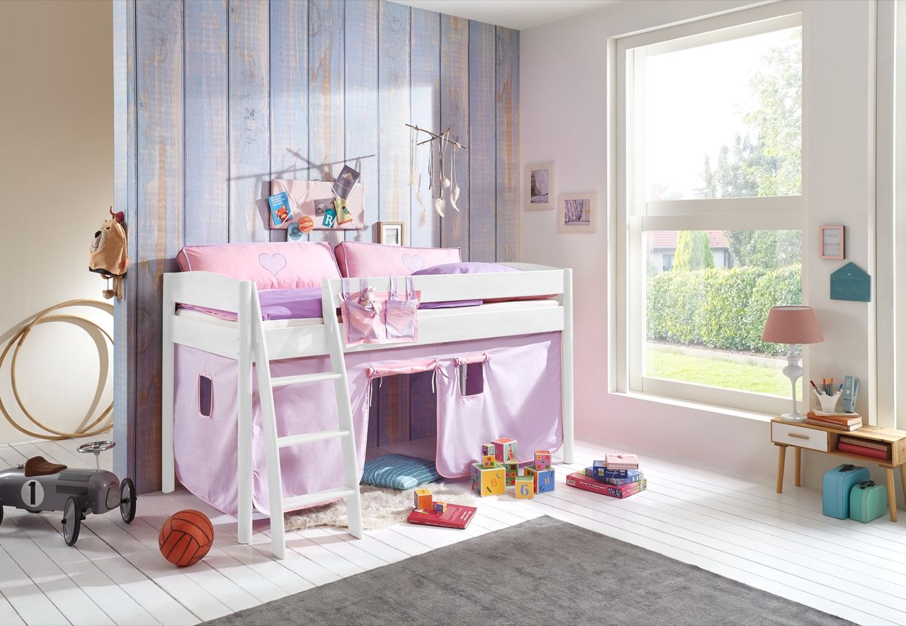Relita Halbhohes Bett MICHELLE 90x200 cm Buche massiv weiß lackiert, mit Textilset purple/rosa/herz