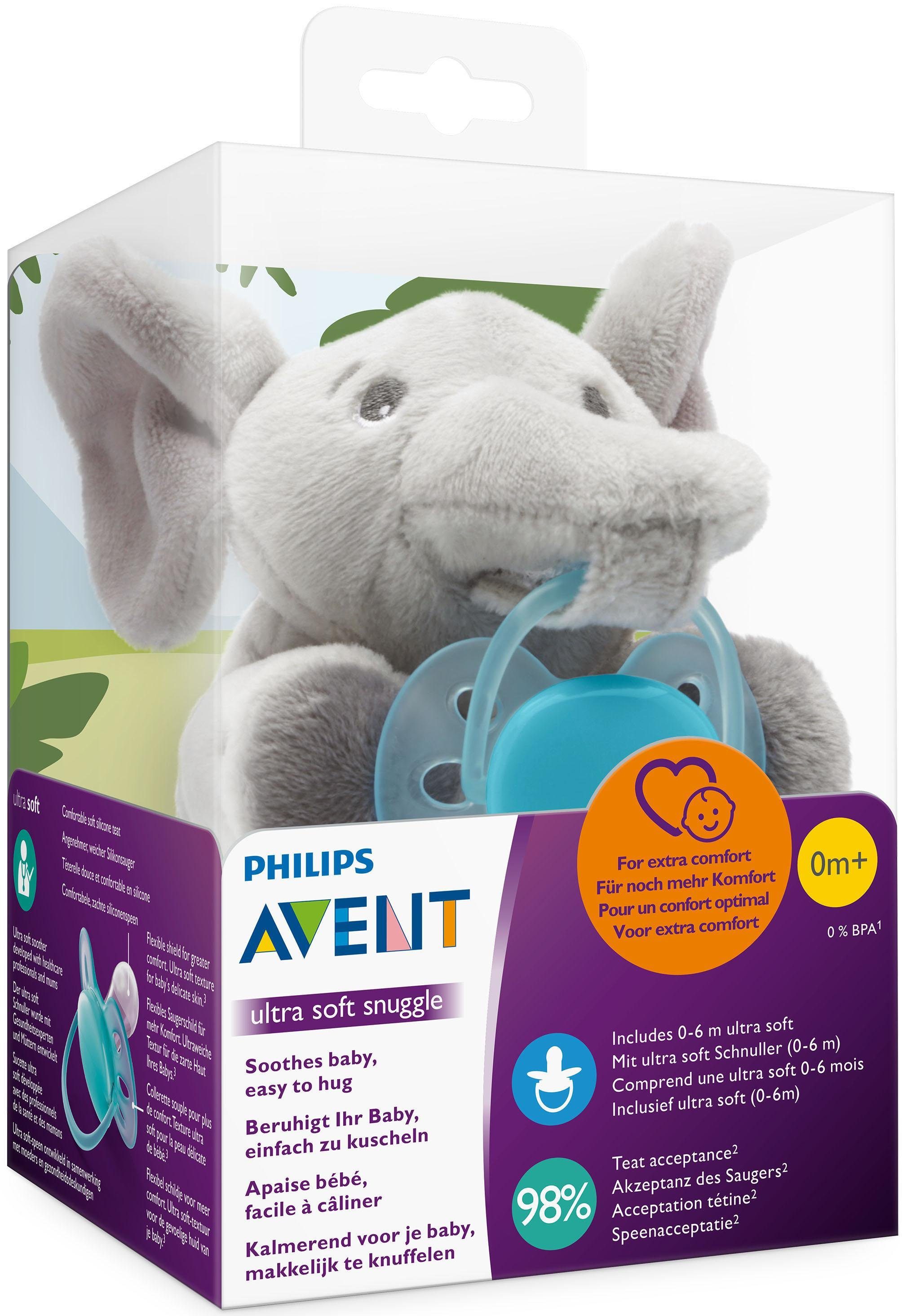 Philips AVENT Schnullerbefestigung SCF348/13, (Set, 2-tlg., Ultraweiches Kuscheltier mit Schnuller), Schnullertier Elefant