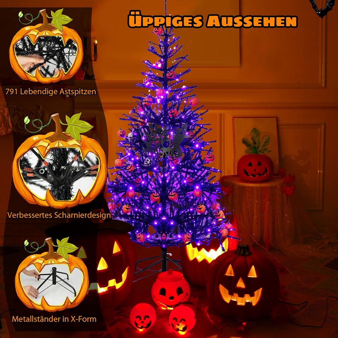 Costway 183cm Künstlicher Weihnachtsbaum beleuchtet, 250 LED-Leuchten in Lila