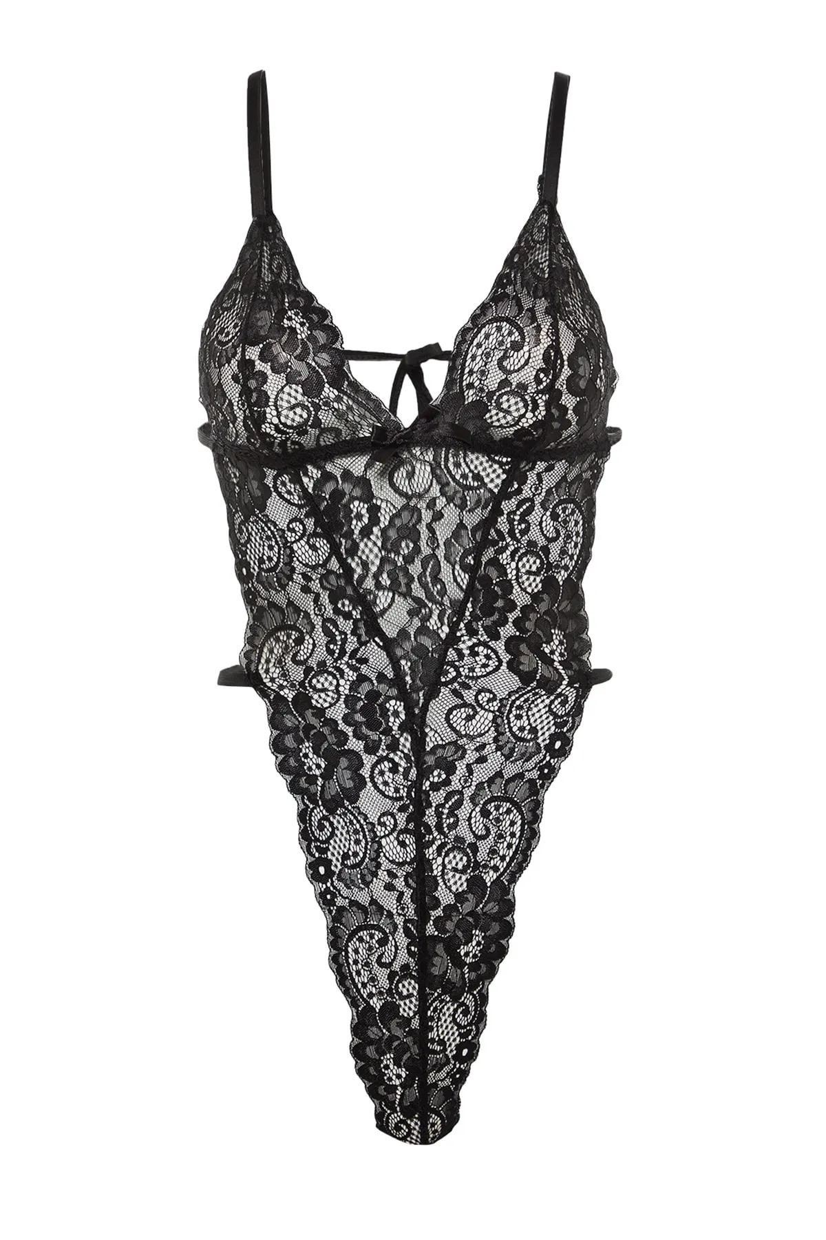 Trendyol Collection  Schwarzer Strick-Body mit Schnürriemen und Druckknöpfen aus Spitze THMAW23BD00008