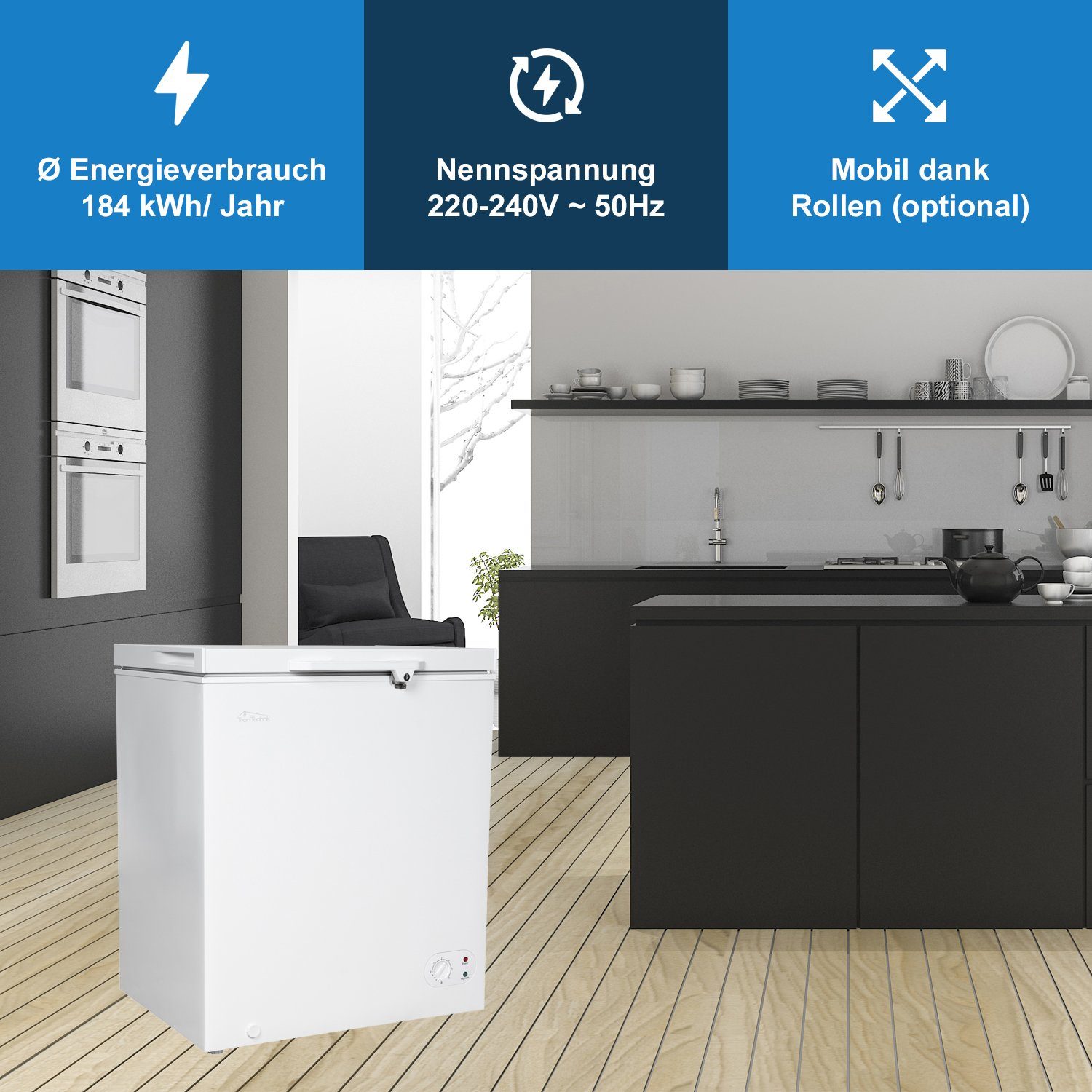 TroniTechnik Gefriertruhe BORGAR 160 PRO, 70 cm breit, 147 l, inkl. Dual Thermostat, LED Licht, Griff, Schloss, Rollen, Einlegekorb