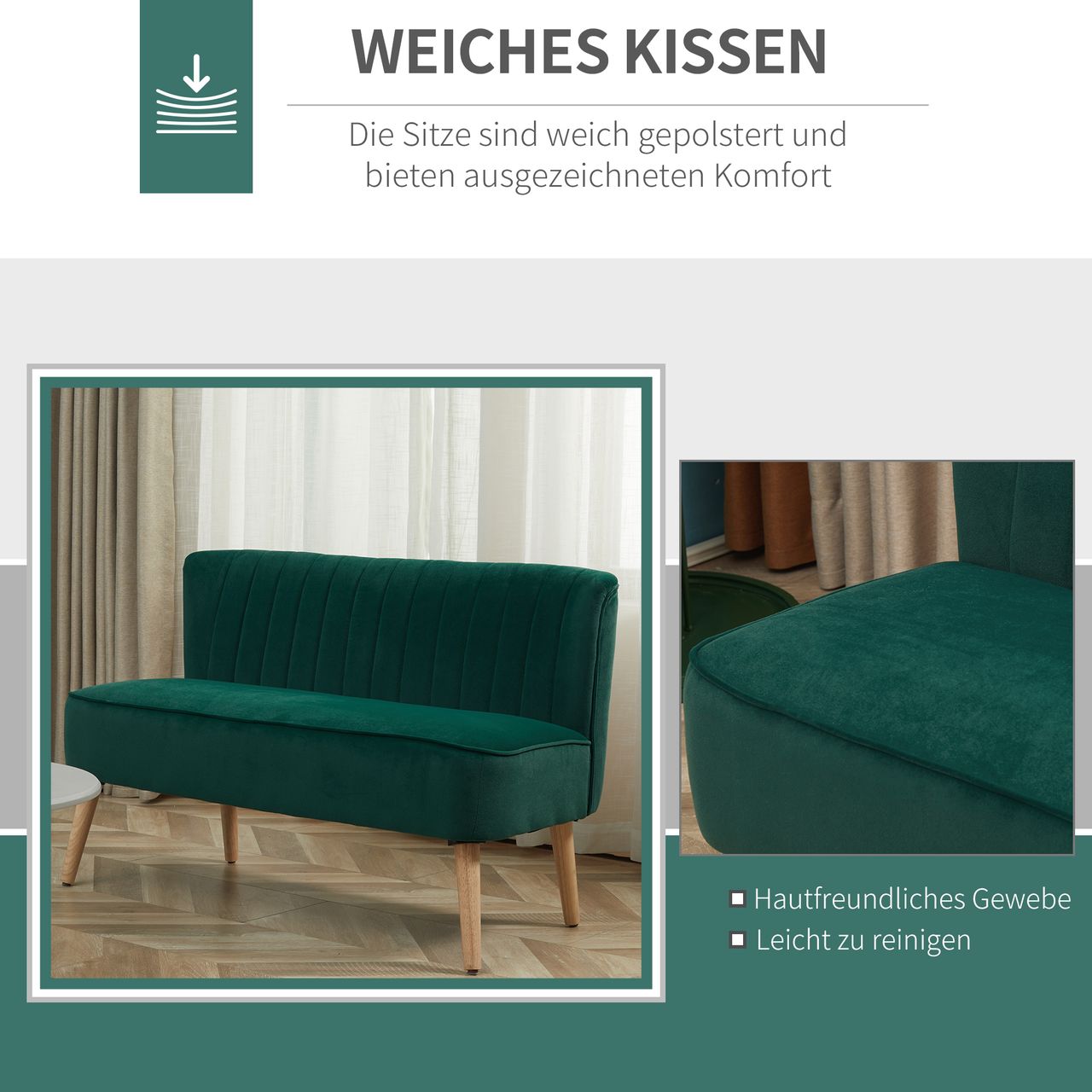 HOMCOM 2-Sitzer Stoffsofa Polstersofa Sitzmöbel Loungesofa Dunkelgrün 117 x 56,5 x 77 cm