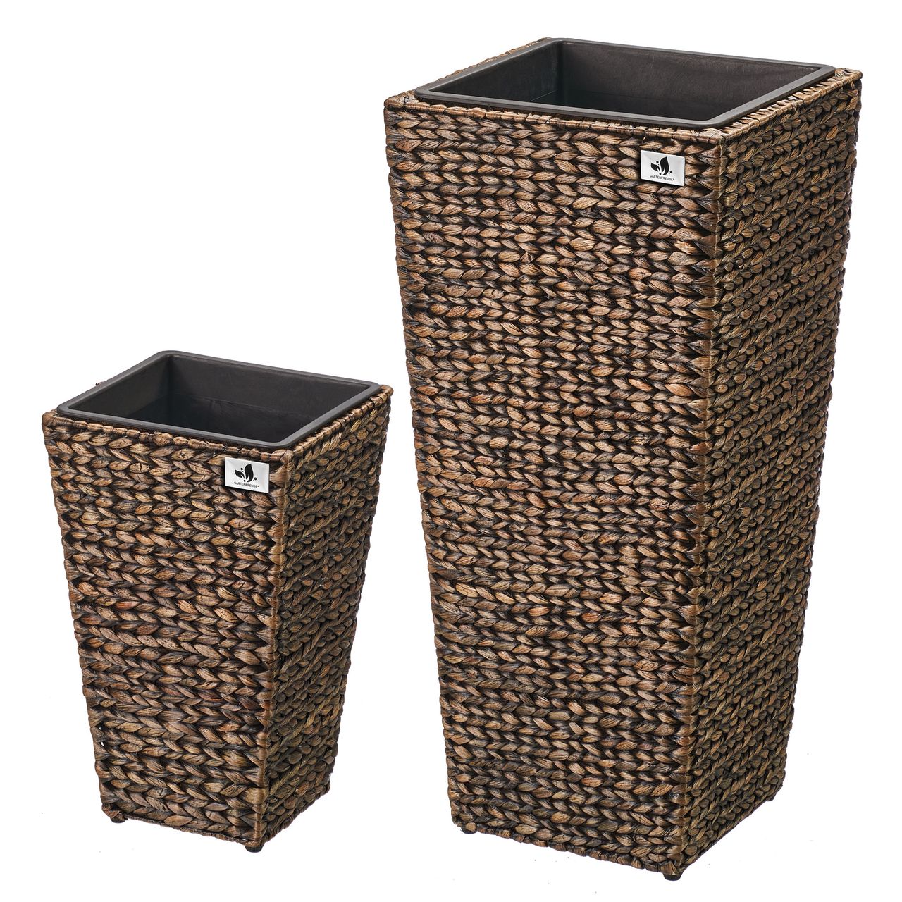 Weles Pflanzkübel mit Wasserhyazinthe 2er Set 38 x 38 x 77 cm, 28 x 28 x 43 cm, Kunststoffeinsatz, braun