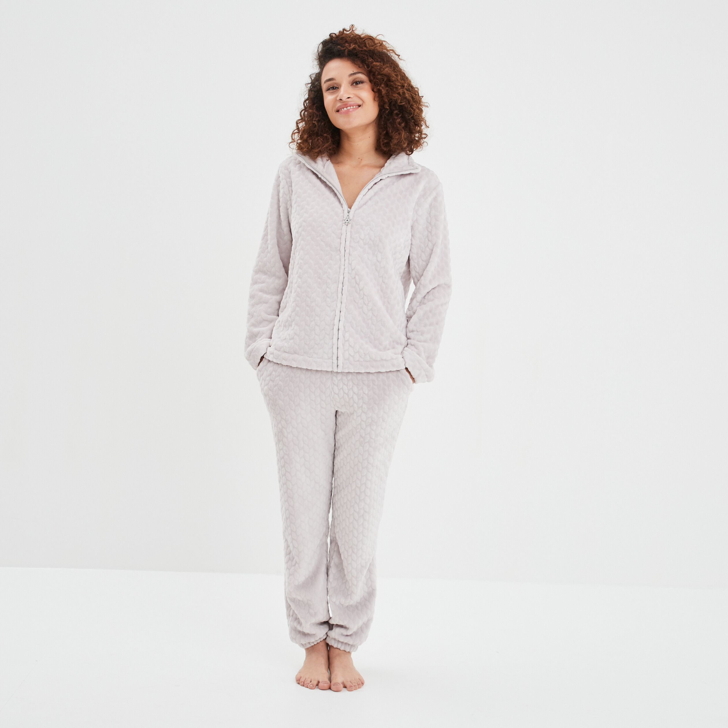 Veste pyjama pilou zippée col montant rose pastel femme | La Halle
