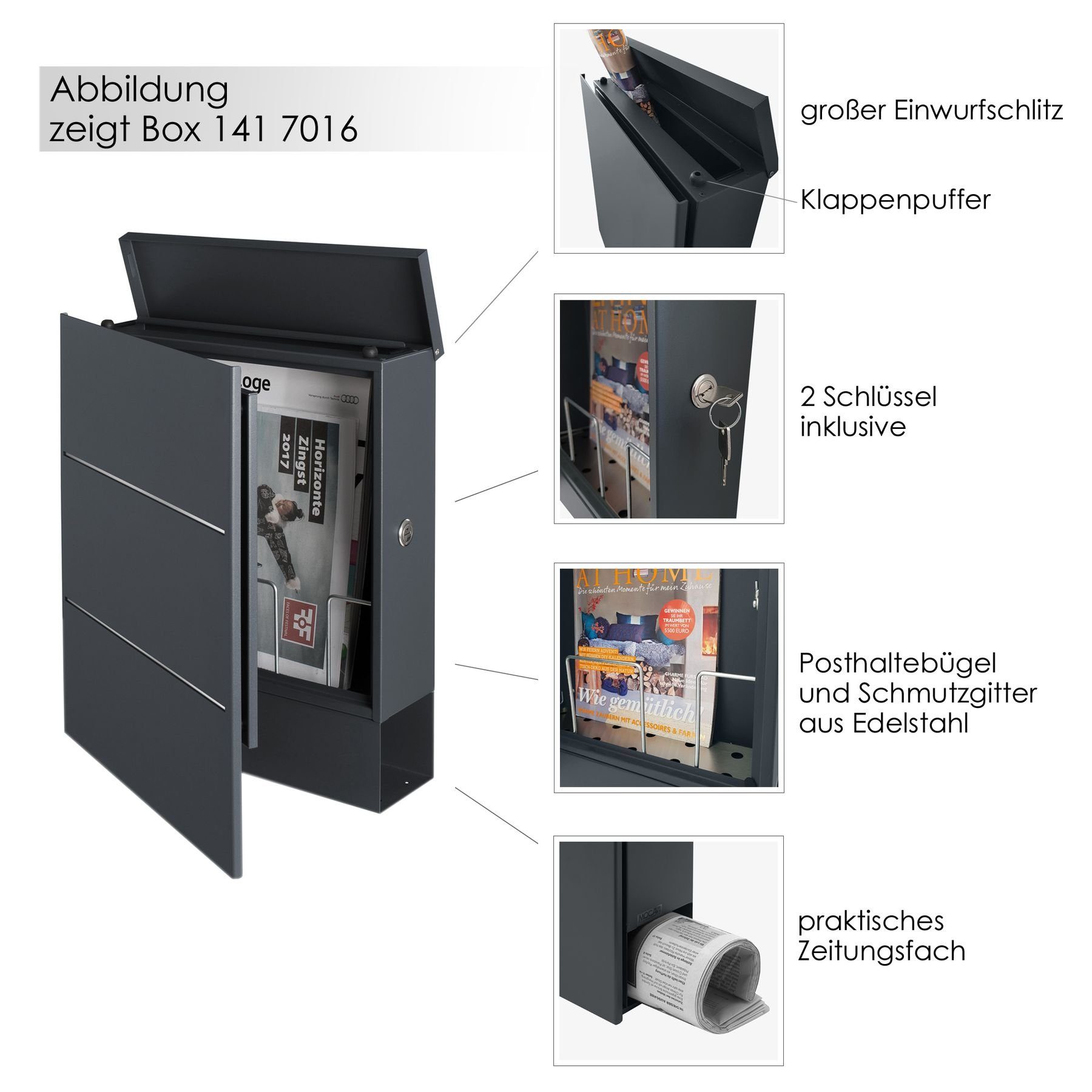 MOCAVI Briefkasten MOCAVI Box 141 Design-Briefkasten mit Zeitungsfach signal-weiß (RAL 9003) mit Edelstahl-Detail, integriert, passender Verschluss (zusätzlich bestellbar) für Wetterseite, beidseitig nutzbar: Box Vers 1 VA