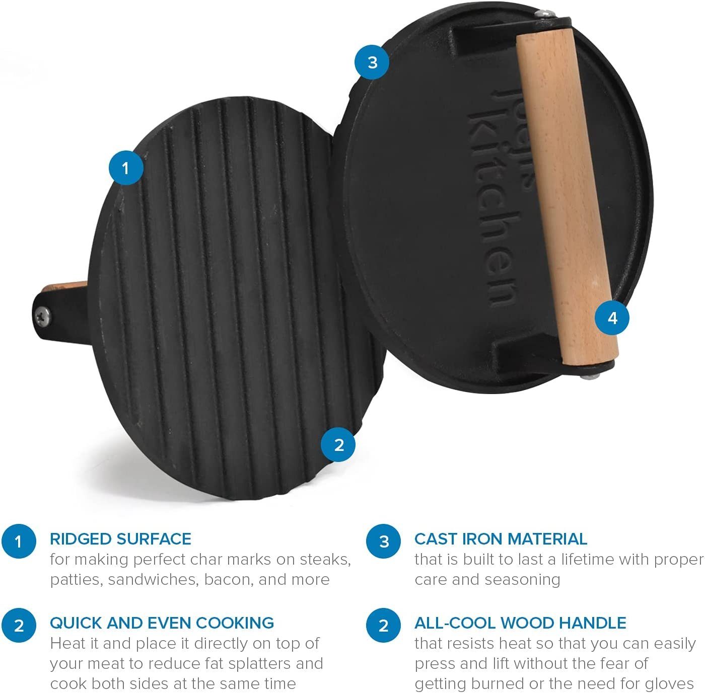 JOEJI’S KITCHEN Burgerpresse Antihaft Gusseisen für perfekte Hamburgerpresse Cool-Touch-Holzgriff, Eisen