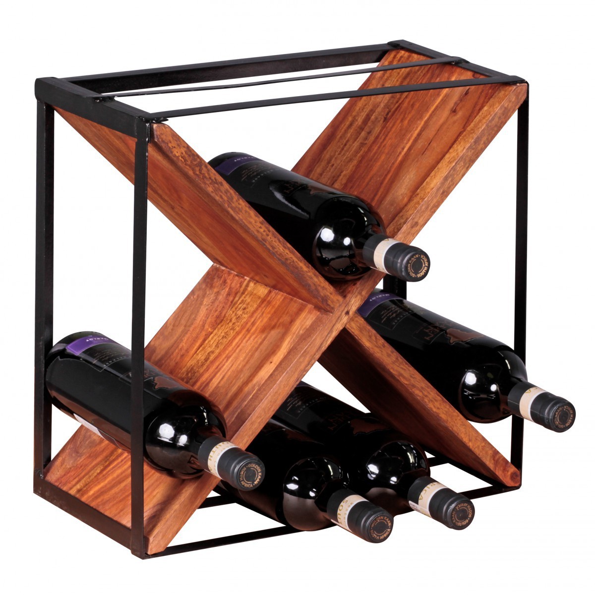 Wohnling Weinregal Massiv-Holz Sheesham Flaschenregal Standregal für ca. 16 Flaschen mit Metallrahmen Holzregal X-Form