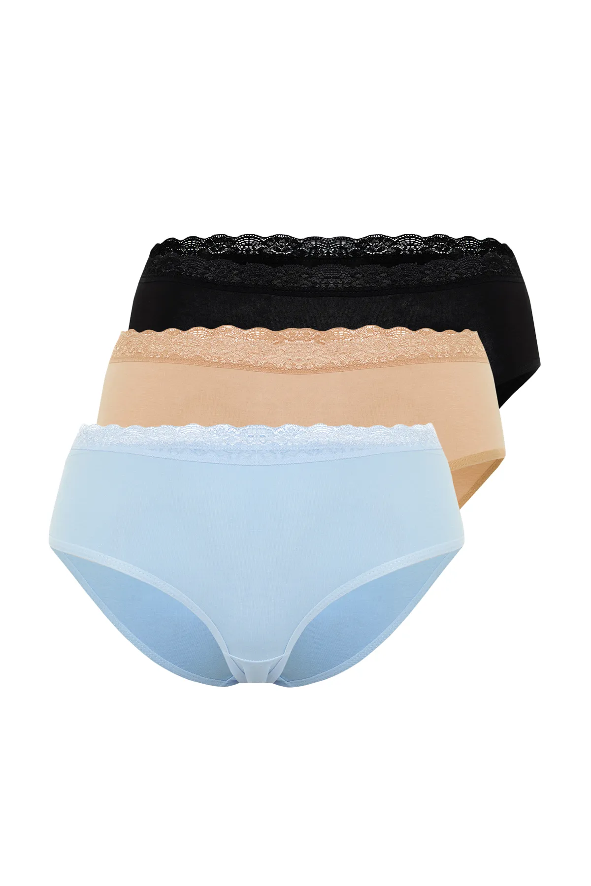 Trendyol Collection  Schwarz-Hautblaues 3er-Pack Hipster-Strickhöschen aus Baumwolle mit Spitze und bequemer Passform THMAW24KU00009