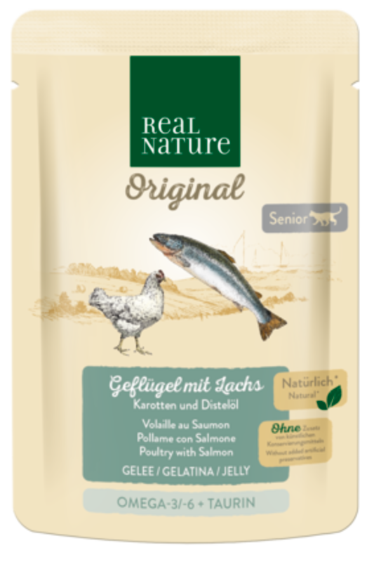 REAL NATURE Nassfutter REAL NATURE Original Senior 12x85g Geflügel mit Lachs, Karotten und Distelöl, in Gelée