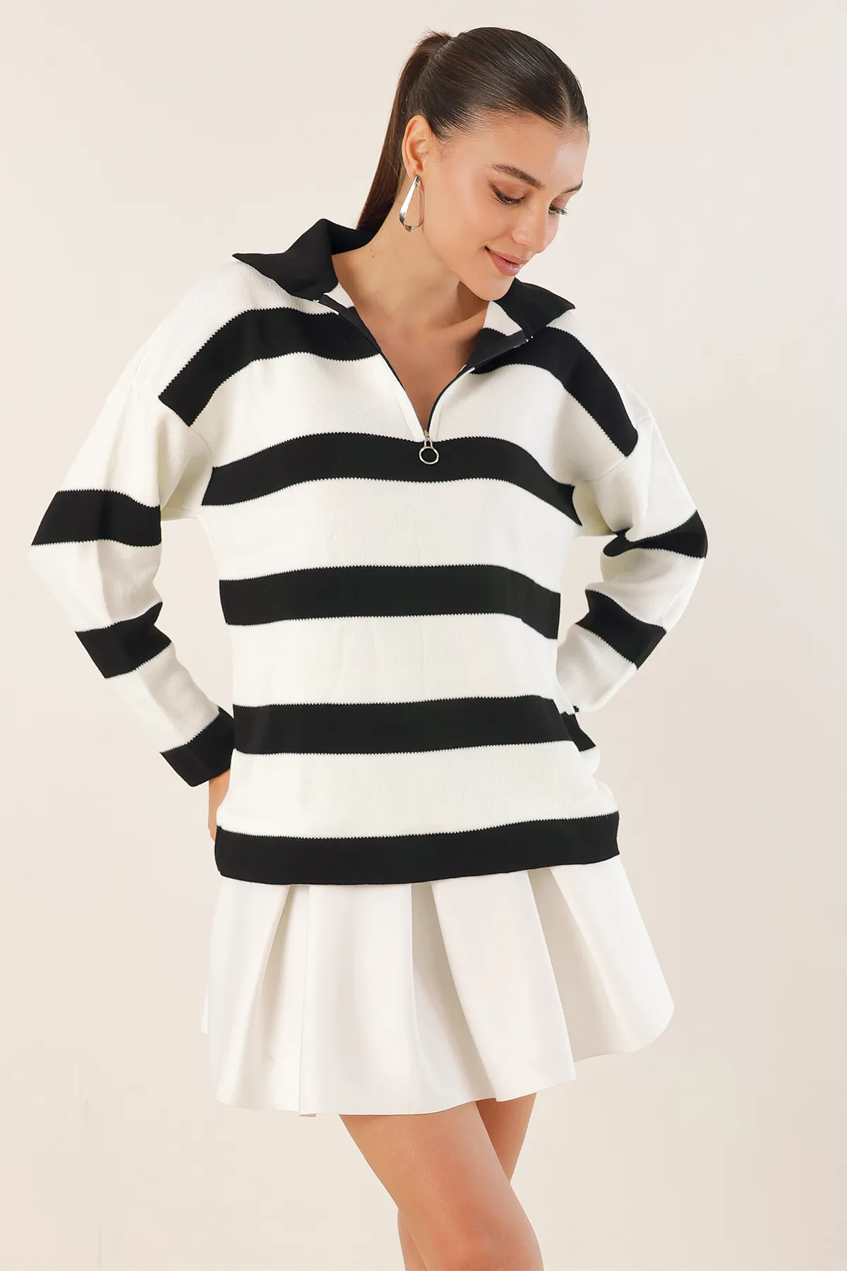 Bigdart  4512 Gestreifter Oversize-Pullover – Schwarz