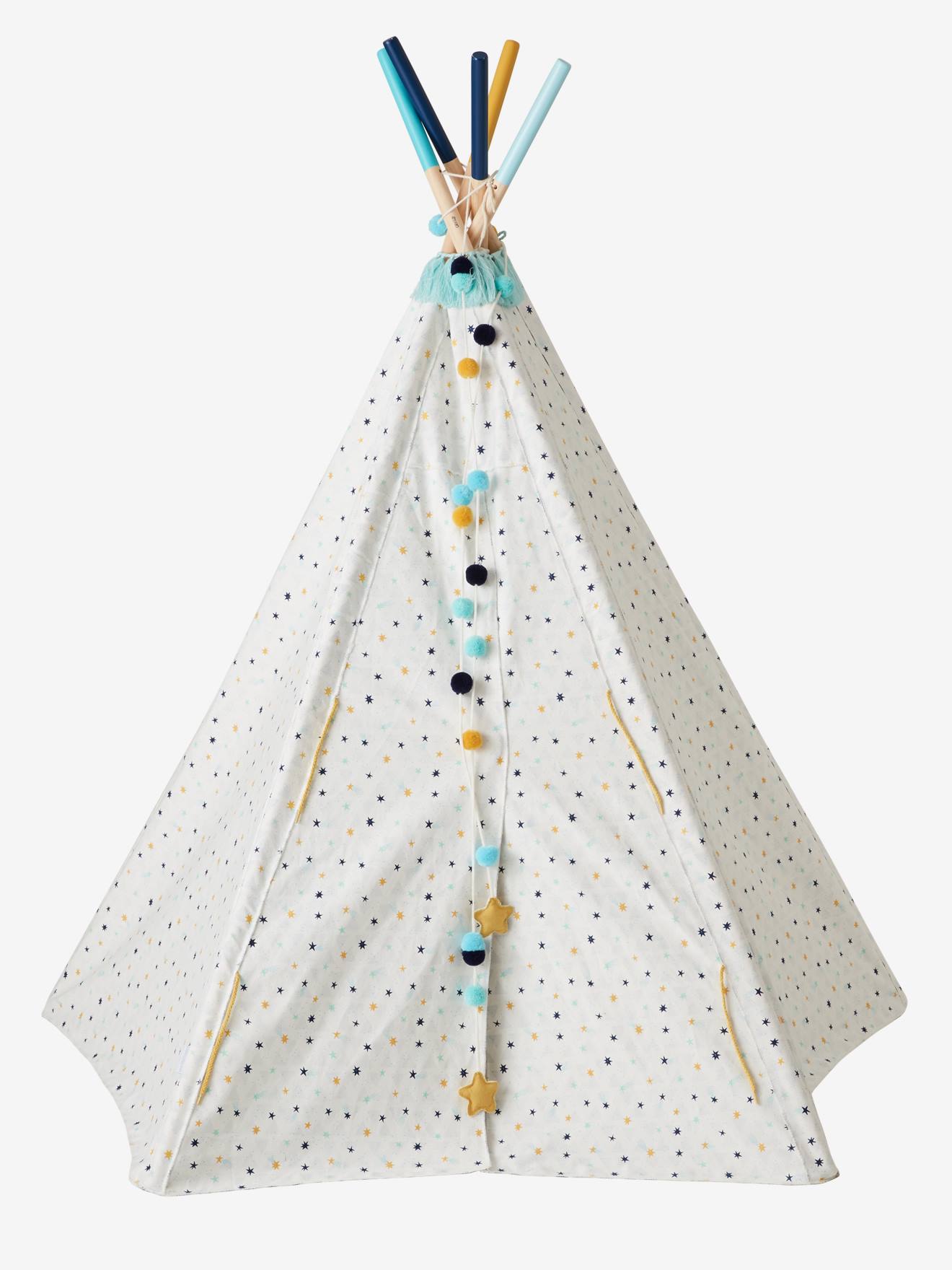 Vertbaudet Kinder Spielzelt SIOUX, wendbares Tipi mit Holzstangen, FSC - weiß/blau bedruckt
