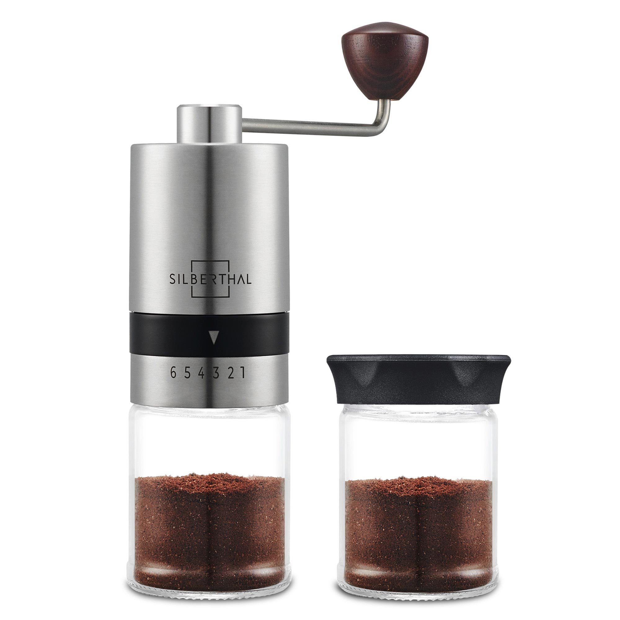 SILBERTHAL Kaffeemühle manuell, Kegelmahlwerk, 17,00 g Bohnenbehälter, Handmühle aus Edelstahl mit Ersatzglas und Reinigungspinsel