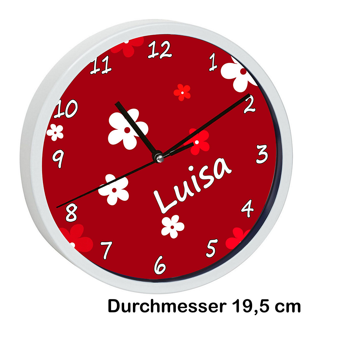 Kinder Wanduhr laufruhig personalisiert mit Name Blumen Rot