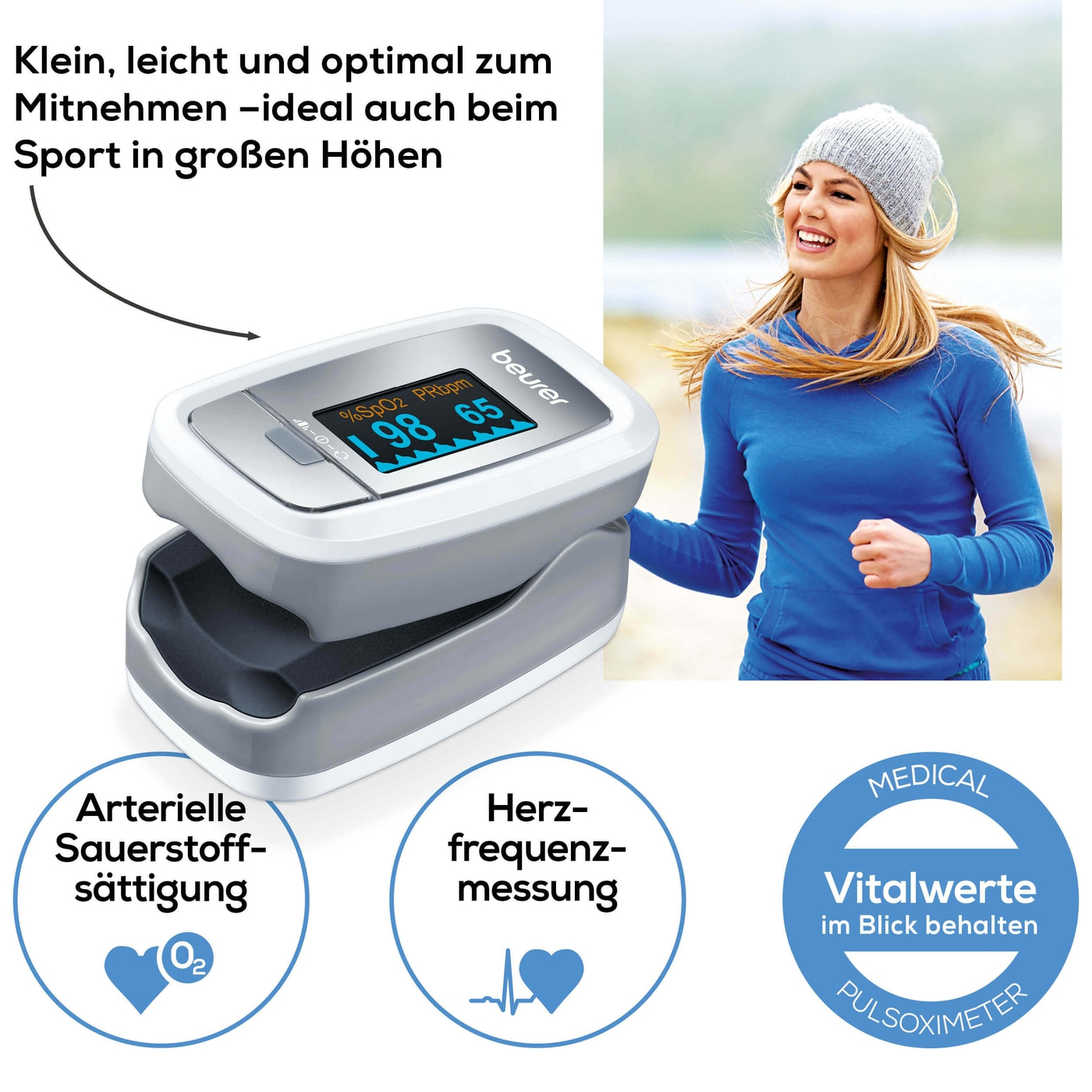 Beurer Pulsoximeter PO 30-Handliches Pulsoximeter zur Messung der Sauerstoffsättigung & Herzfrequenz