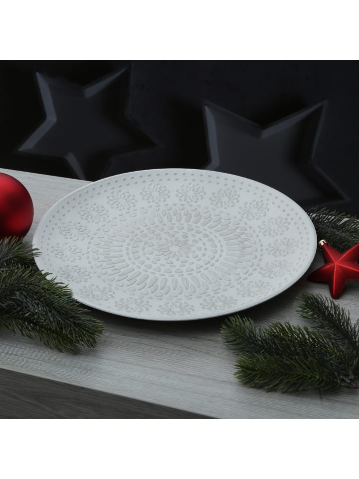 MARELIDA Dekoteller mit Blumenmuster MDF Holz D: 34,5cm in weiß günstig kaufen onesize