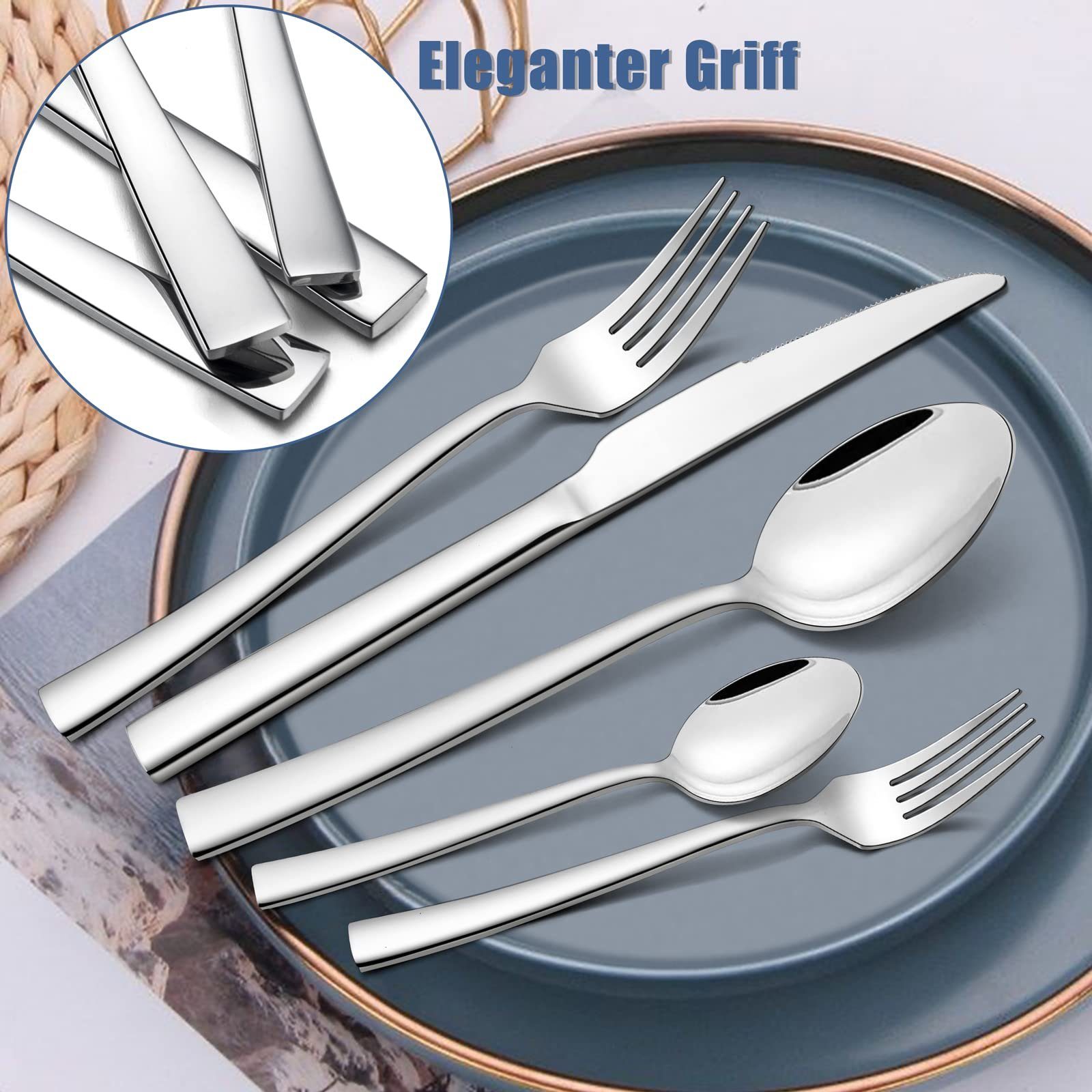 Tisoutec Besteck-Set Besteck Set für 6 Personen,36teiliges Edelstahl Essbesteck&Steakmesser, Elegantes/Modernes Besteckset,Besteck Set für Restaurant,Hotel,Zuhause