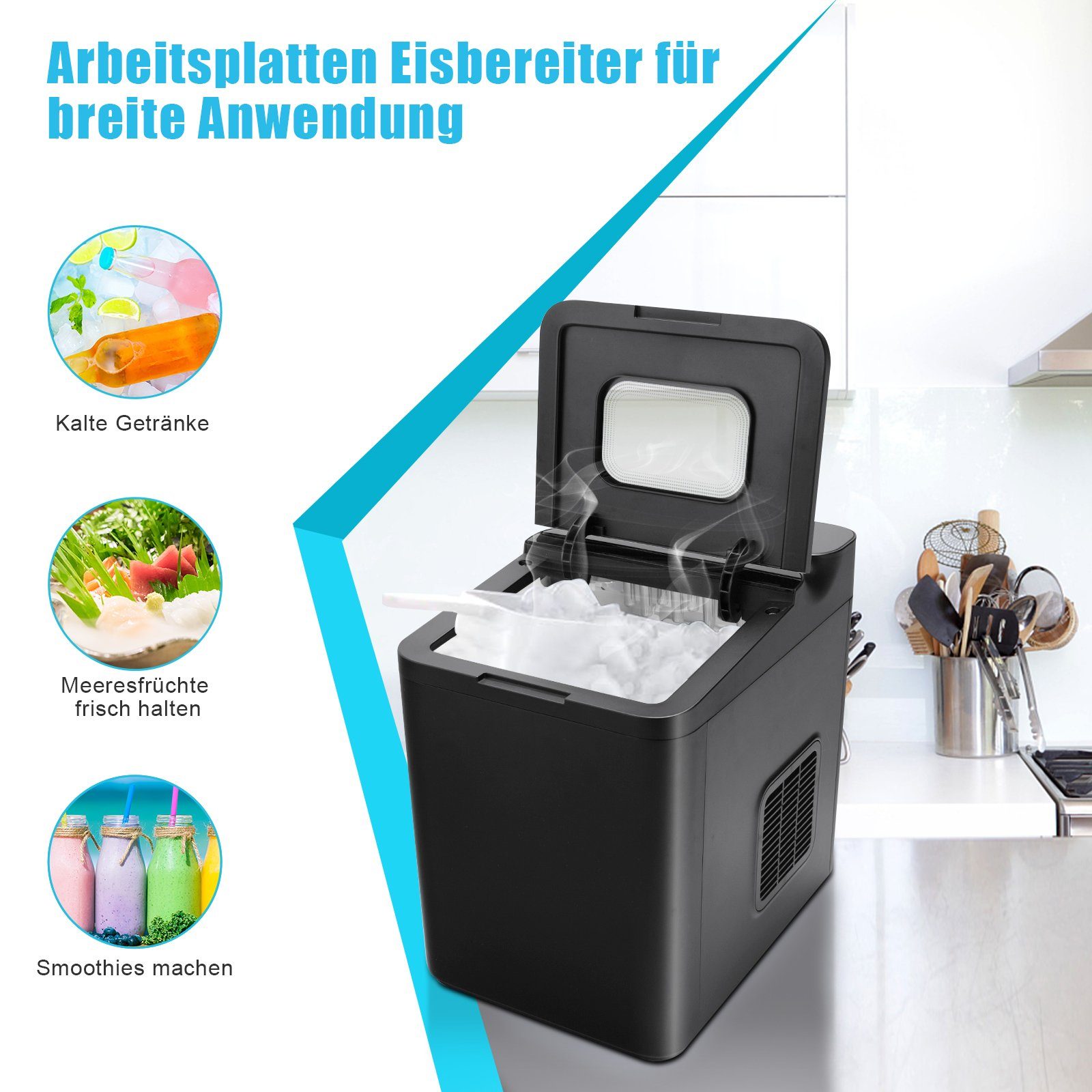 COSTWAY Eiswürfelmaschine, 9 Eiswürfel in 6-13min, 12kg 24H, Timer, Schaufel