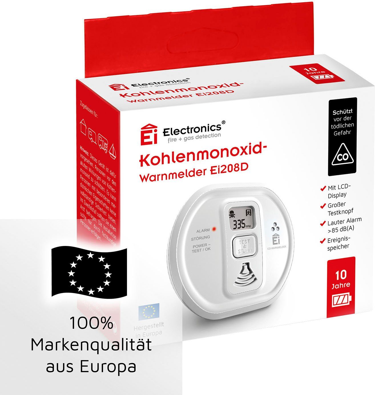 Ei Electronics Ei208D CO-Melder (LCD-Display, mit 10-Jahres-Batterie und LCD-Display)
