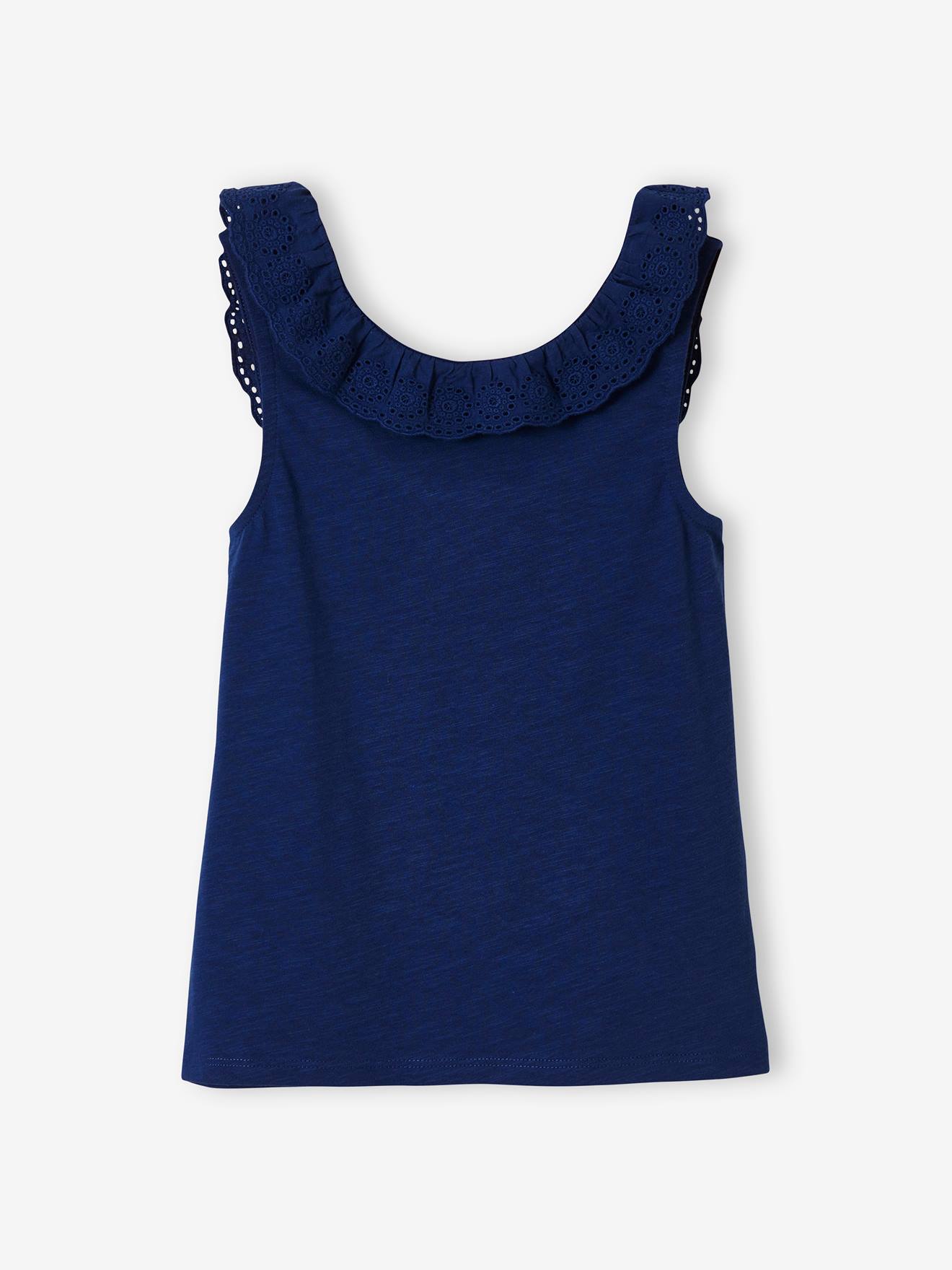 Débardeur fille col volanté en broderie anglaise bleu