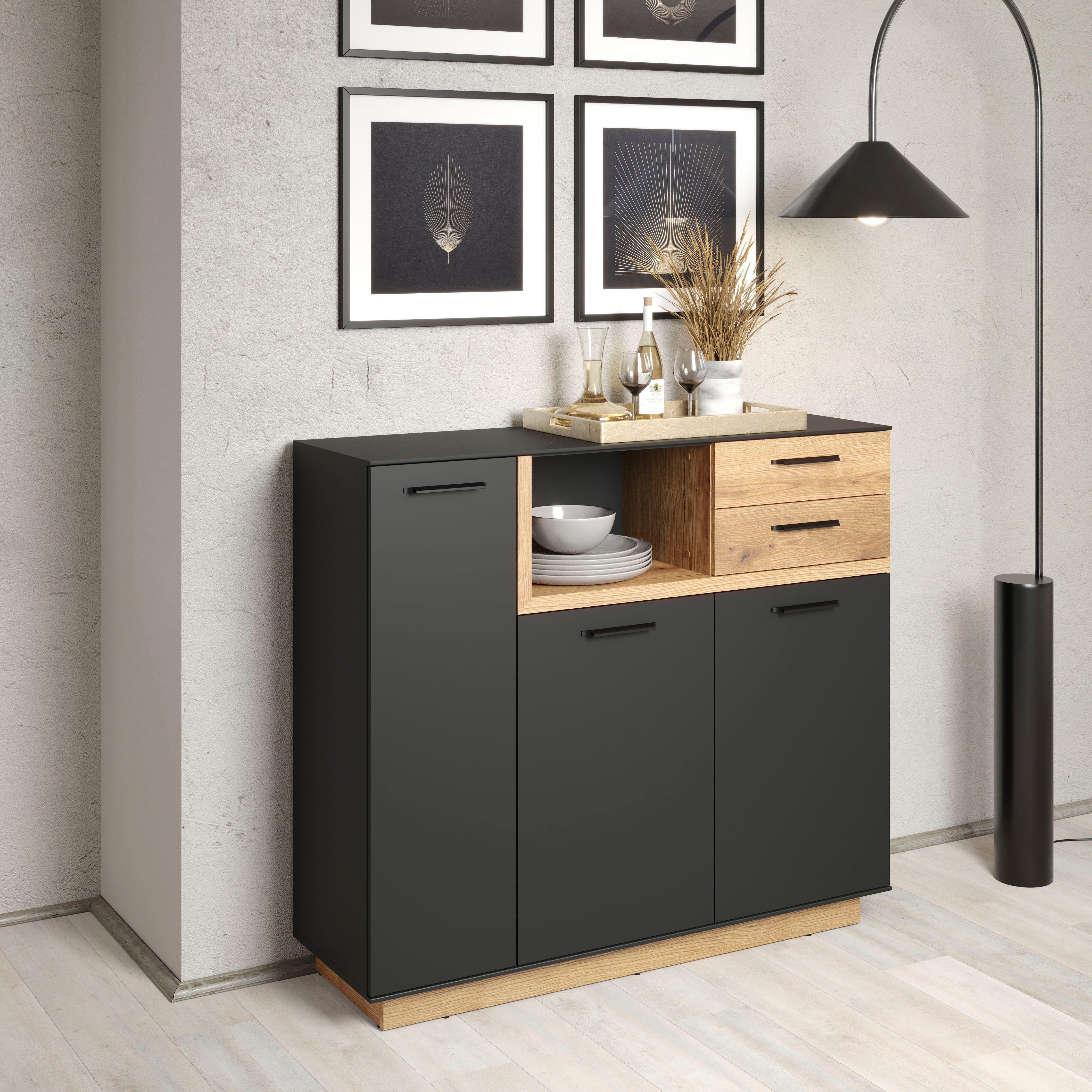 INOSIGN Highboard Premont (1 St), ca. 128 cm breit, zweifarbiger Schrank, moderne Eiche, stehend